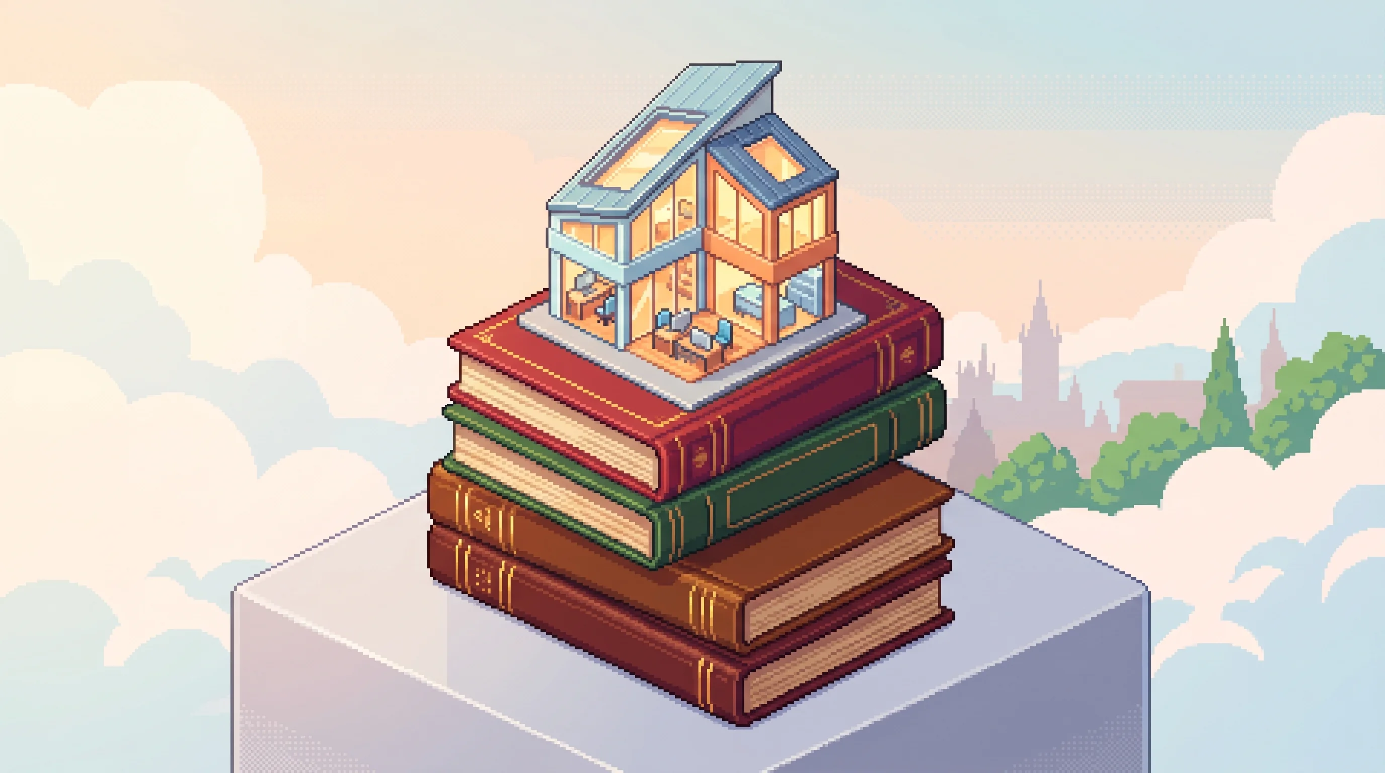 Digital illustration for article section "The Ibadan Question" in "Ibadan Startup's AI Tool Tackles Africa's $30M Grant Access Gap" - A clean, minimal top-down isometric view of a small, modern workspace resting gracefully atop a stac...