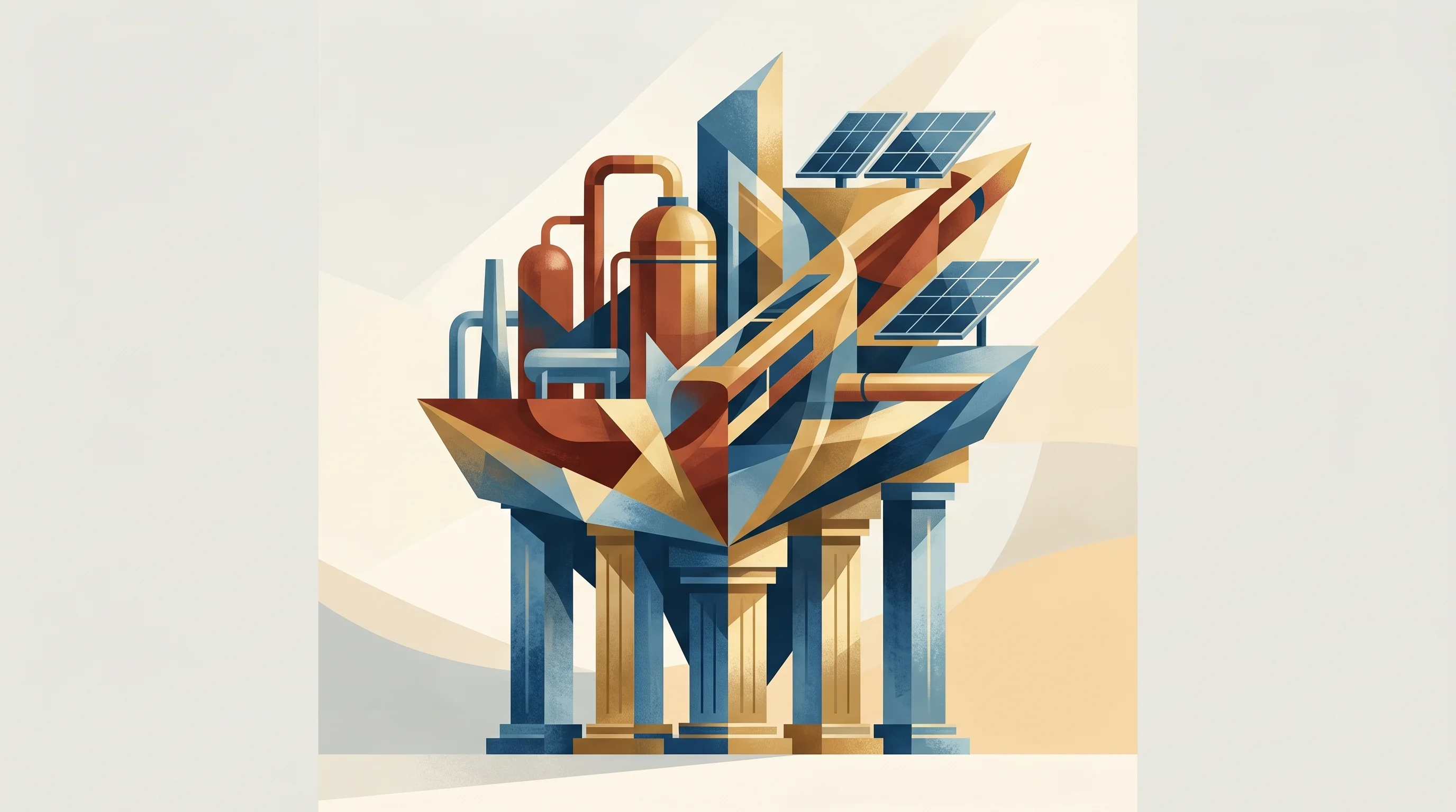 Digital illustration for article section "Spain, Finally" in "Malta's Thermal Storage Vision: From $60M Series B to Grid Reality" - A conceptual and minimalist representation of a modern energy demonstration plant emerging from a fo...