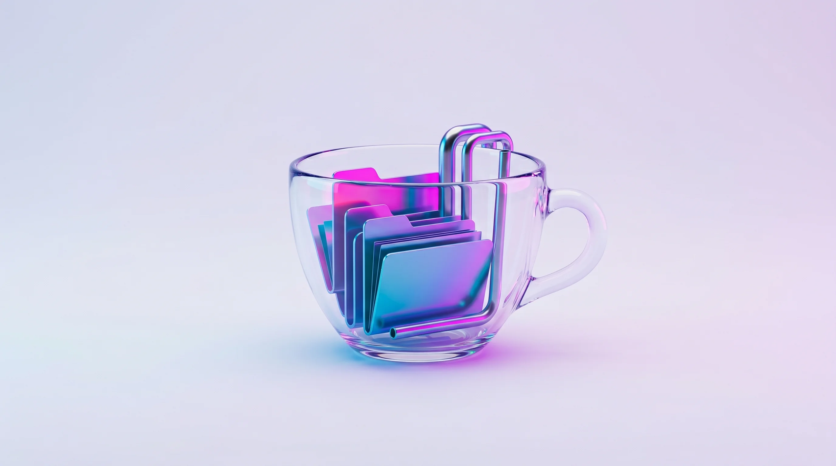 Digital illustration for article section "Reading the Tea Leaves" in "YC W26 Demo Day: 8 AI Startups Ignite Fierce VC Bidding Wars" - A clean, minimalist conceptual image featuring a sleek, modern transparent teacup resting on a prist...