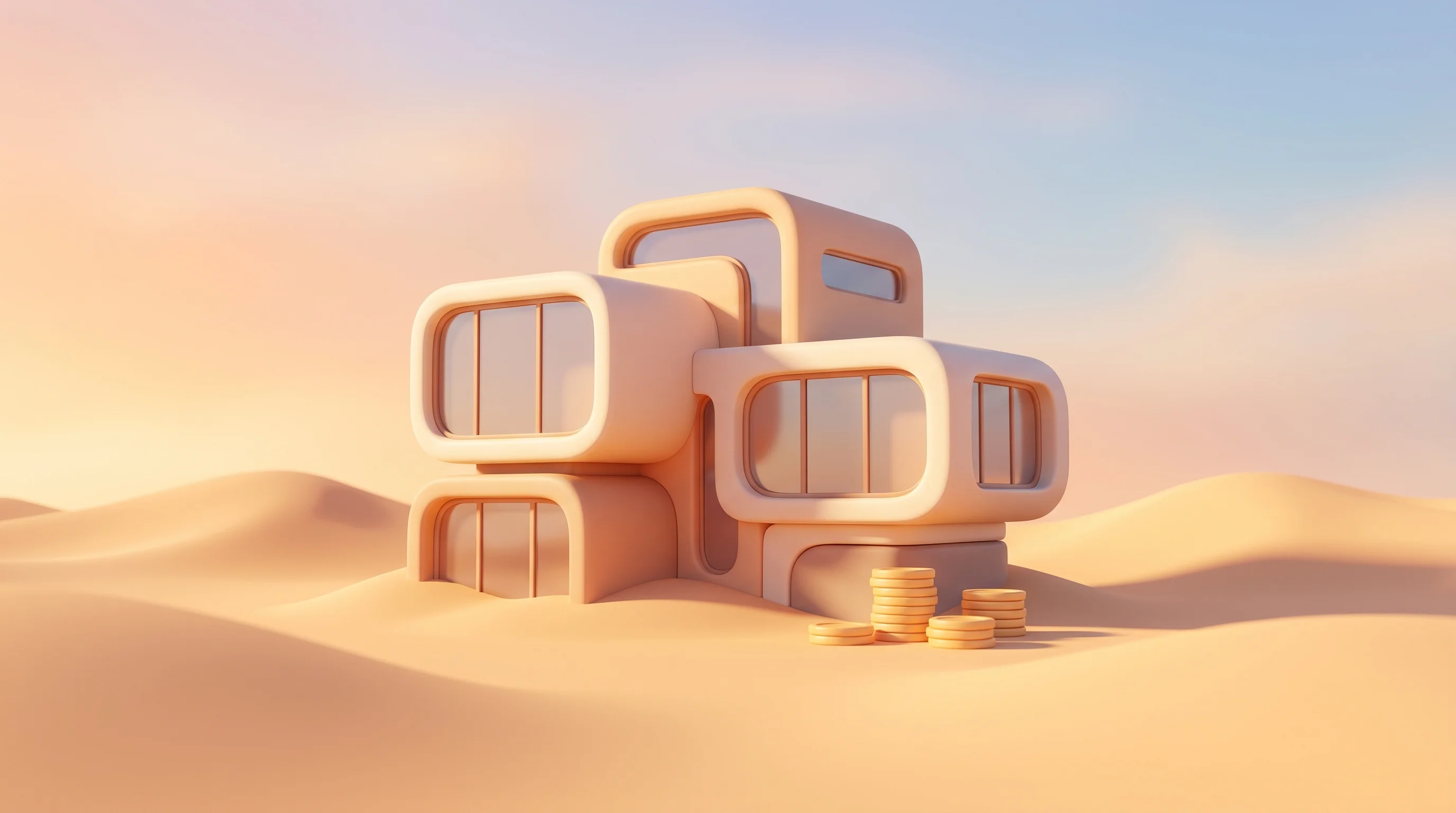 Digital illustration for article section "Building in the Desert" in "Scout AI Lands $100M Series A to Build Autonomous Warfare AI" - A minimalist, conceptual 3D rendering of a modern, softly rounded architectural building emerging fr...