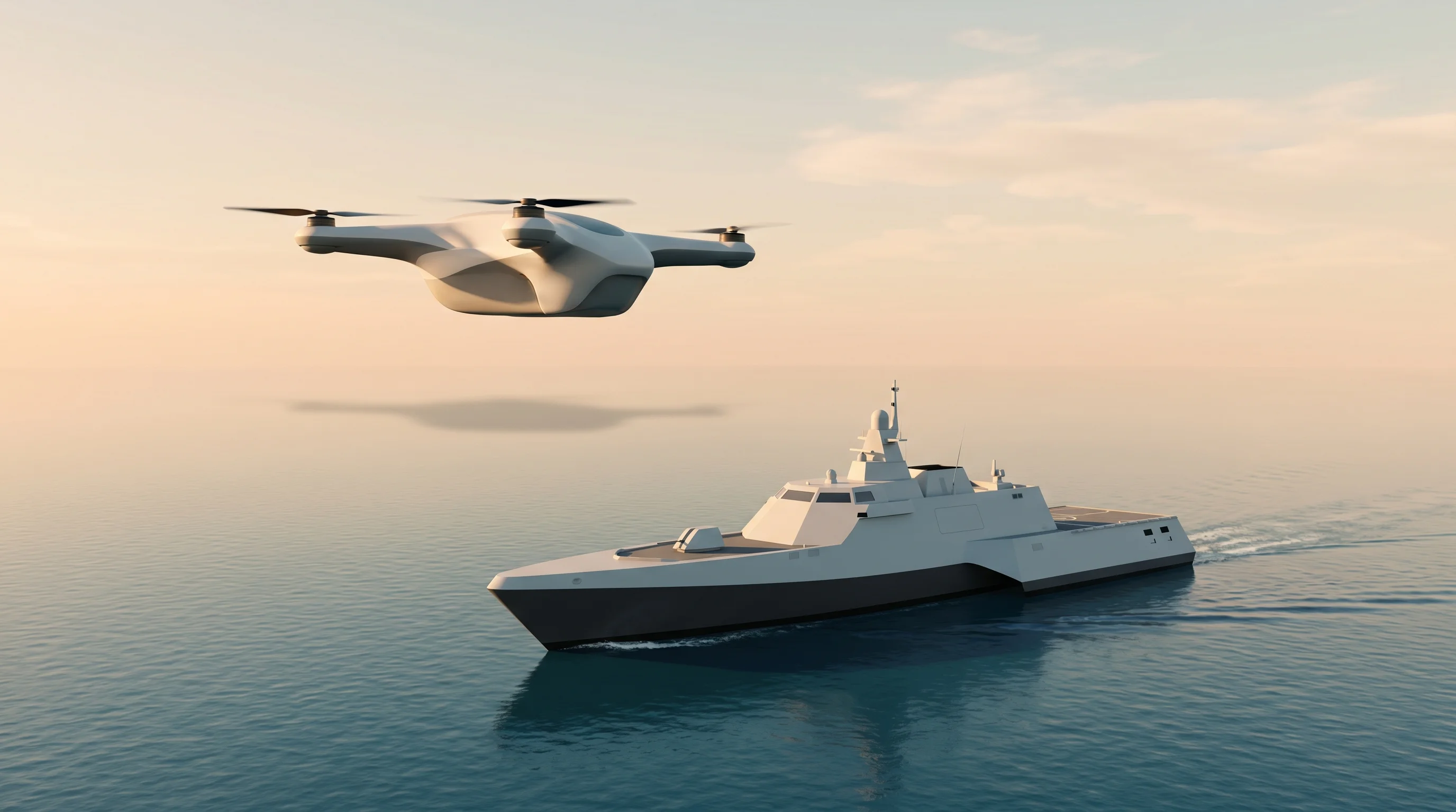 Digital illustration for article section "The Broader Bet on Autonomous Warfare" in "Scout AI Lands $100M Series A to Build Autonomous Warfare AI" - A sleek, modern autonomous drone soaring gracefully above a minimalist naval vessel gliding across c...