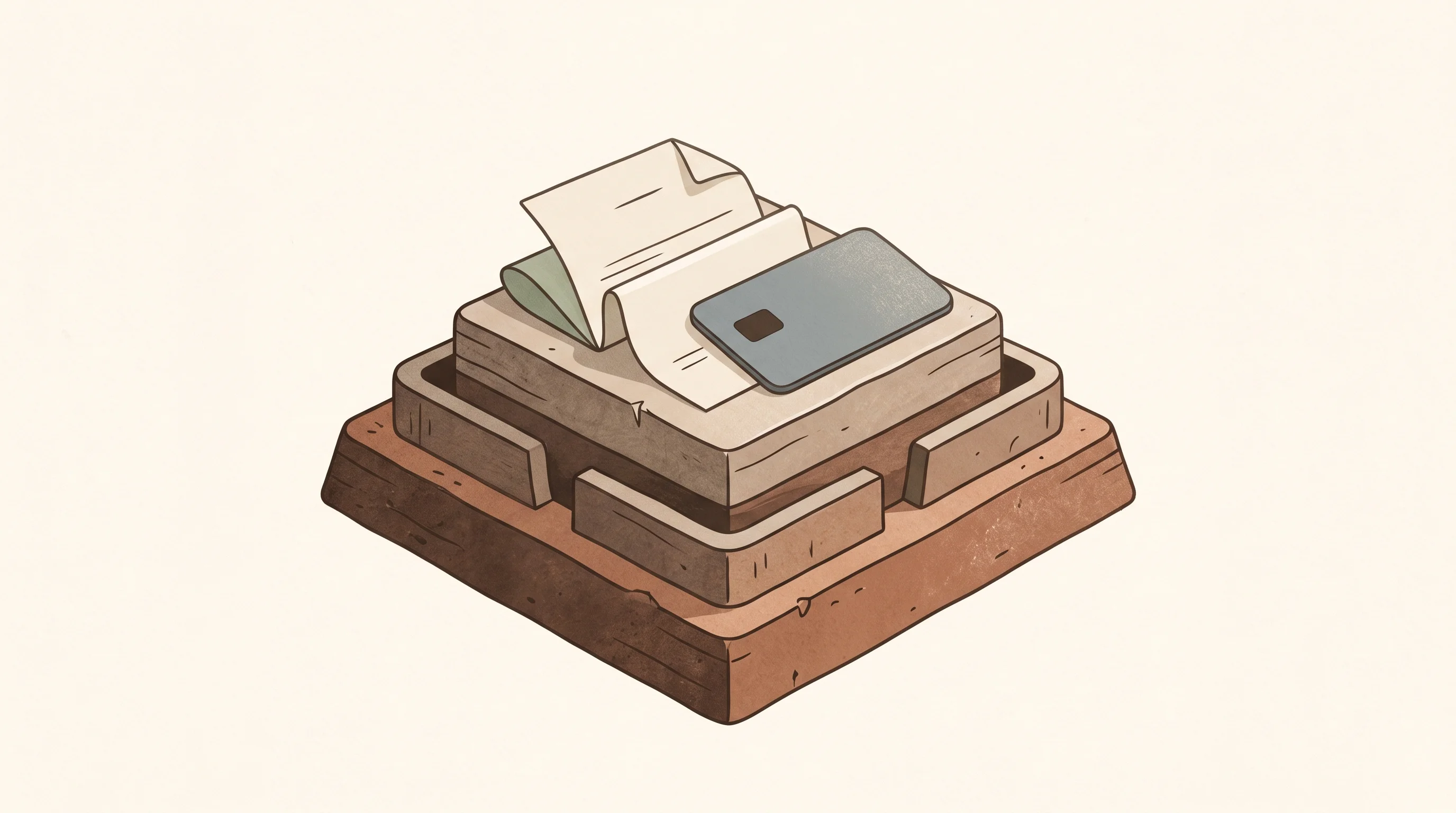 Digital illustration for article section "The B2B Moat Beneath the Consumer Brand" in "Novio Raises $12M Series A to Scale India's Credit Card Revolution" - A minimalist, conceptual hand-drawn illustration depicting a solid, stylized architectural foundatio...