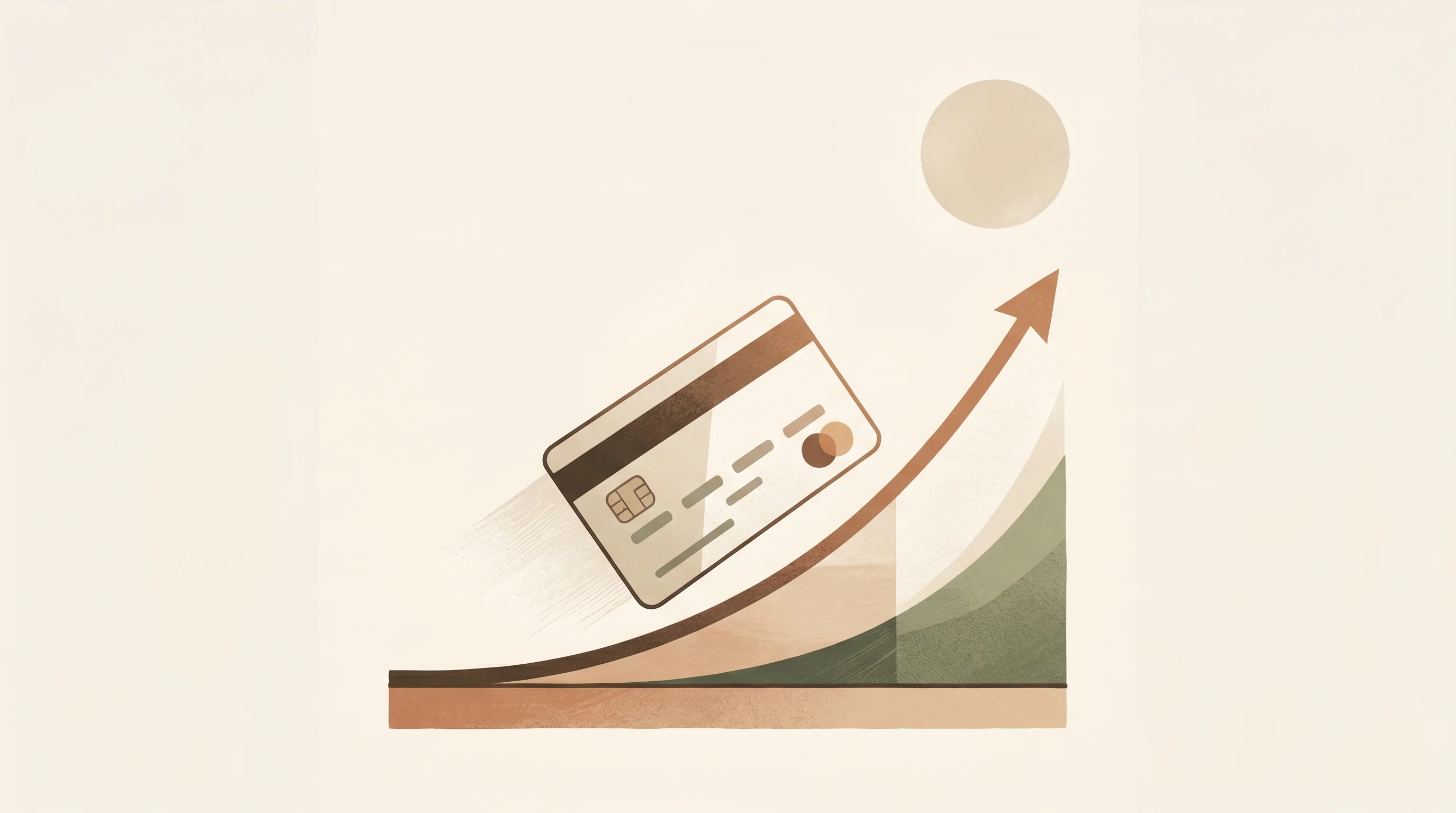 Digital illustration for article section "The Moonshot: Five Million Cards in Three Years" in "Novio Raises $12M Series A to Scale India's Credit Card Revolution" - A conceptual illustration of a single, sleek bank card angled sharply upward along a sweeping, expon...