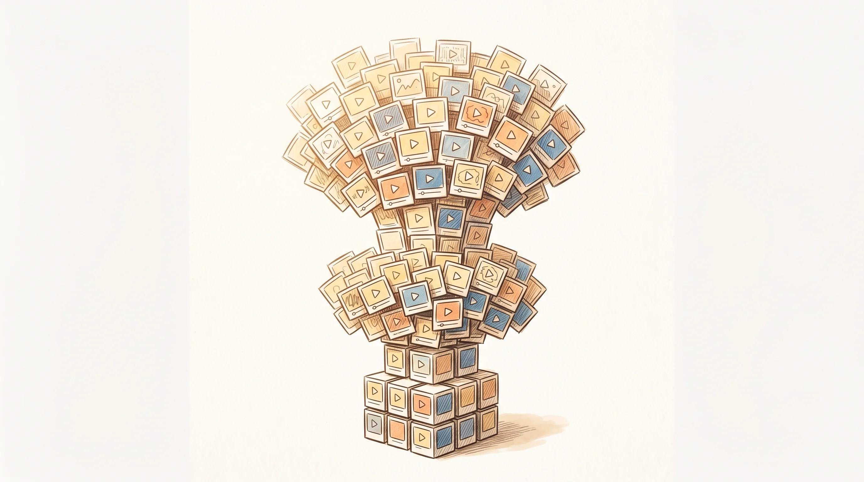 Digital illustration for article section "How Growth Happened (Sort of)" in "Divine Launches: Dorsey-Backed Vine Revival Goes Public With 500K Videos" - A minimalist, conceptual illustration of a growing video archive, featuring a single, expanding stac...