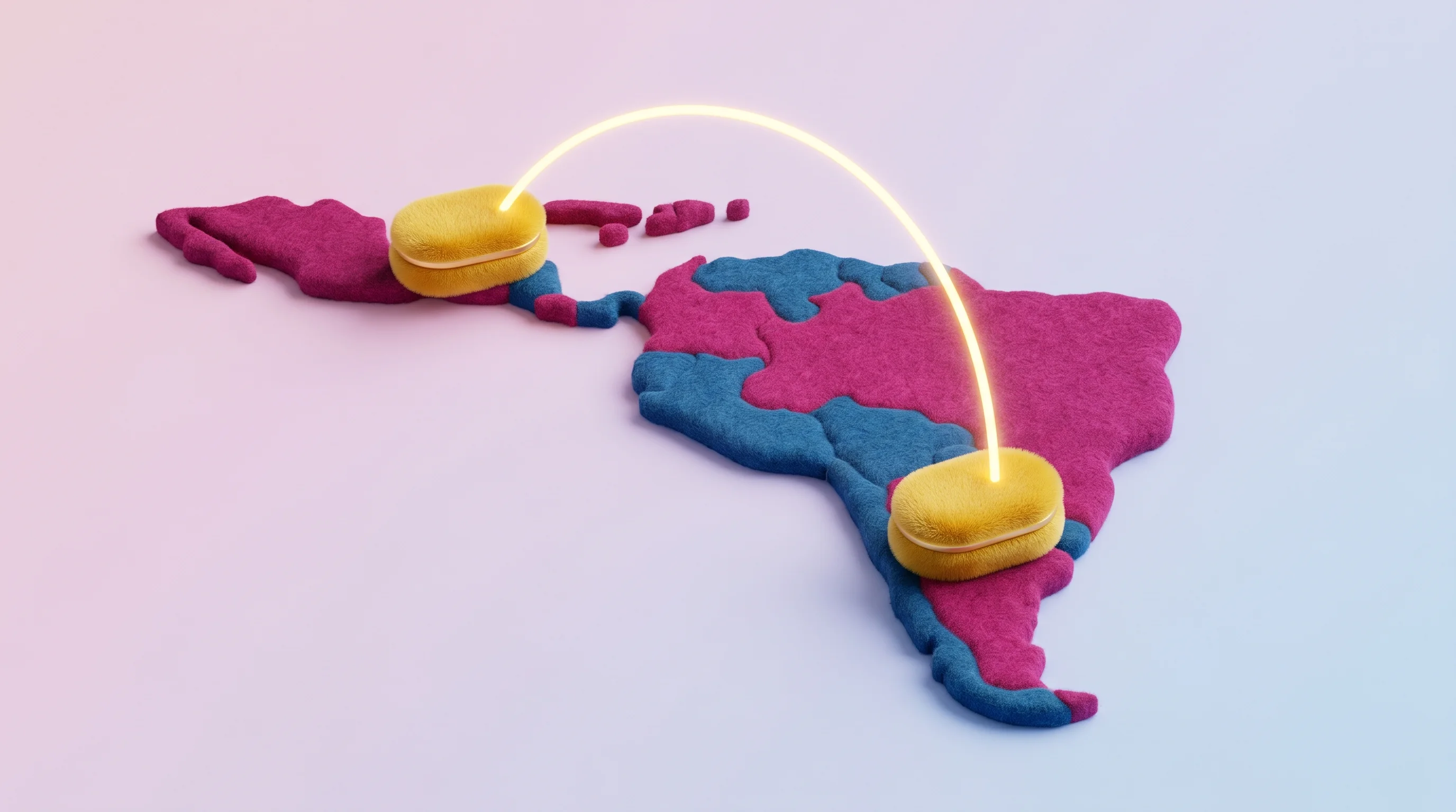 Digital illustration for article section "A year in the making, sort of" in "Mastercard Enables AI Agents to Make Card Purchases via Lobster" - A conceptual, highly minimalist 3D illustration representing live financial transactions across Lati...