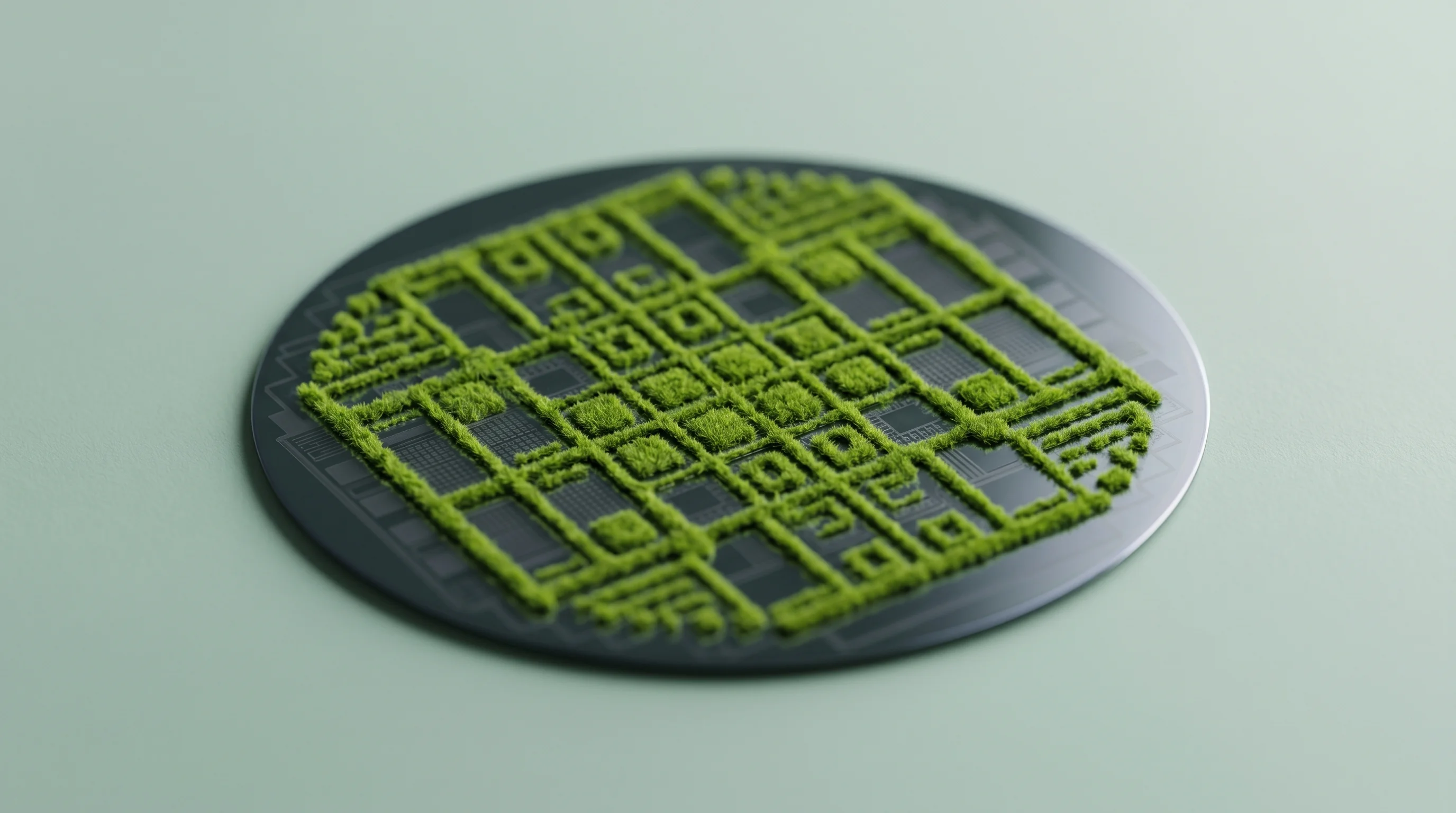 Digital illustration for article section "The Foundry Gamble" in "Groove Quantum Raises $18.8M Seed for Germanium Qubit Platform" - A conceptual, minimalist representation of semiconductor manufacturing featuring a single, perfectly...