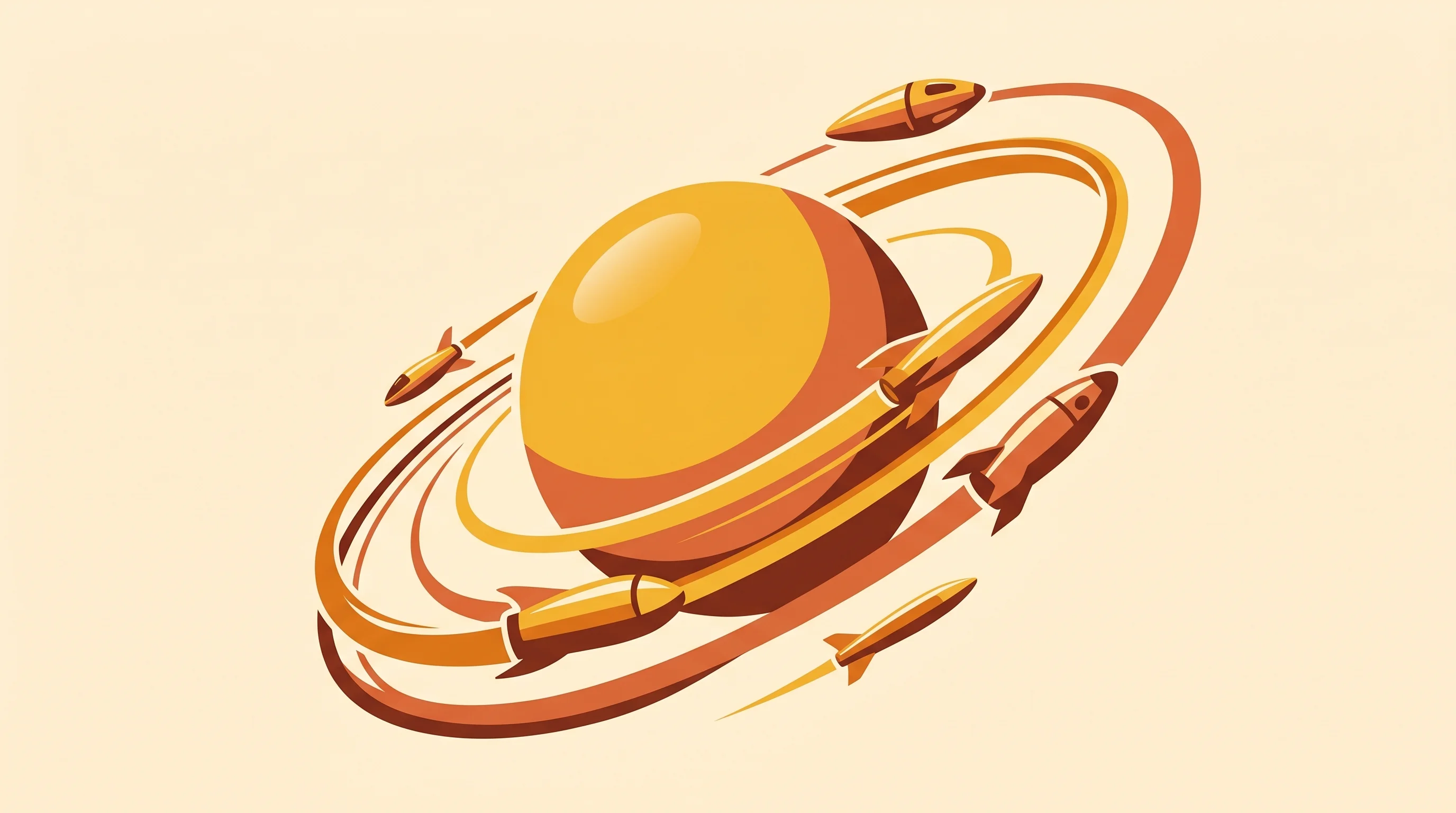 Digital illustration for article section "A Crowded Orbit" in "BioOrbit Raises £9.8M to Manufacture Cancer Drugs in Space" - A minimalist and conceptual illustration of a crowded orbit, featuring several sleek, abstract space...