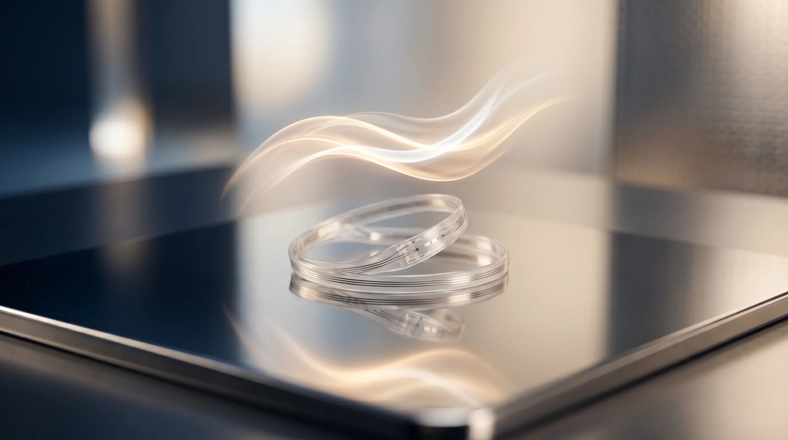 Digital illustration for article section "Early Human Data, Cautiously Parsed" in "Axoft Raises $55M Series A for Ultra-Soft Brain Implant Tech" - A minimalist, conceptual close-up of a delicate, flexible medical implant device resting on a pristi...