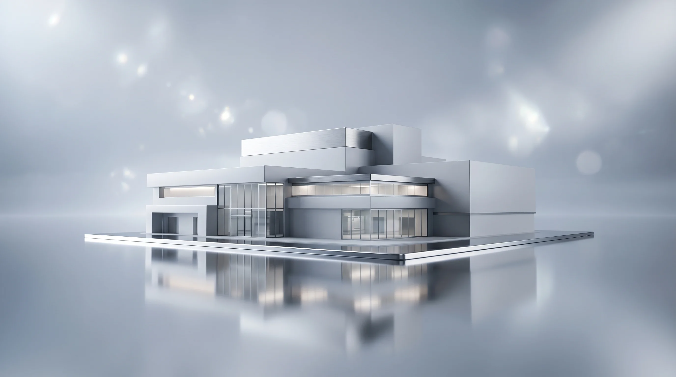 Digital illustration for article section "Scaling the Unsexy Stuff" in "Axoft Raises $55M Series A for Ultra-Soft Brain Implant Tech" - A clean, minimalist architectural model of a modern medical manufacturing facility resting on an ext...