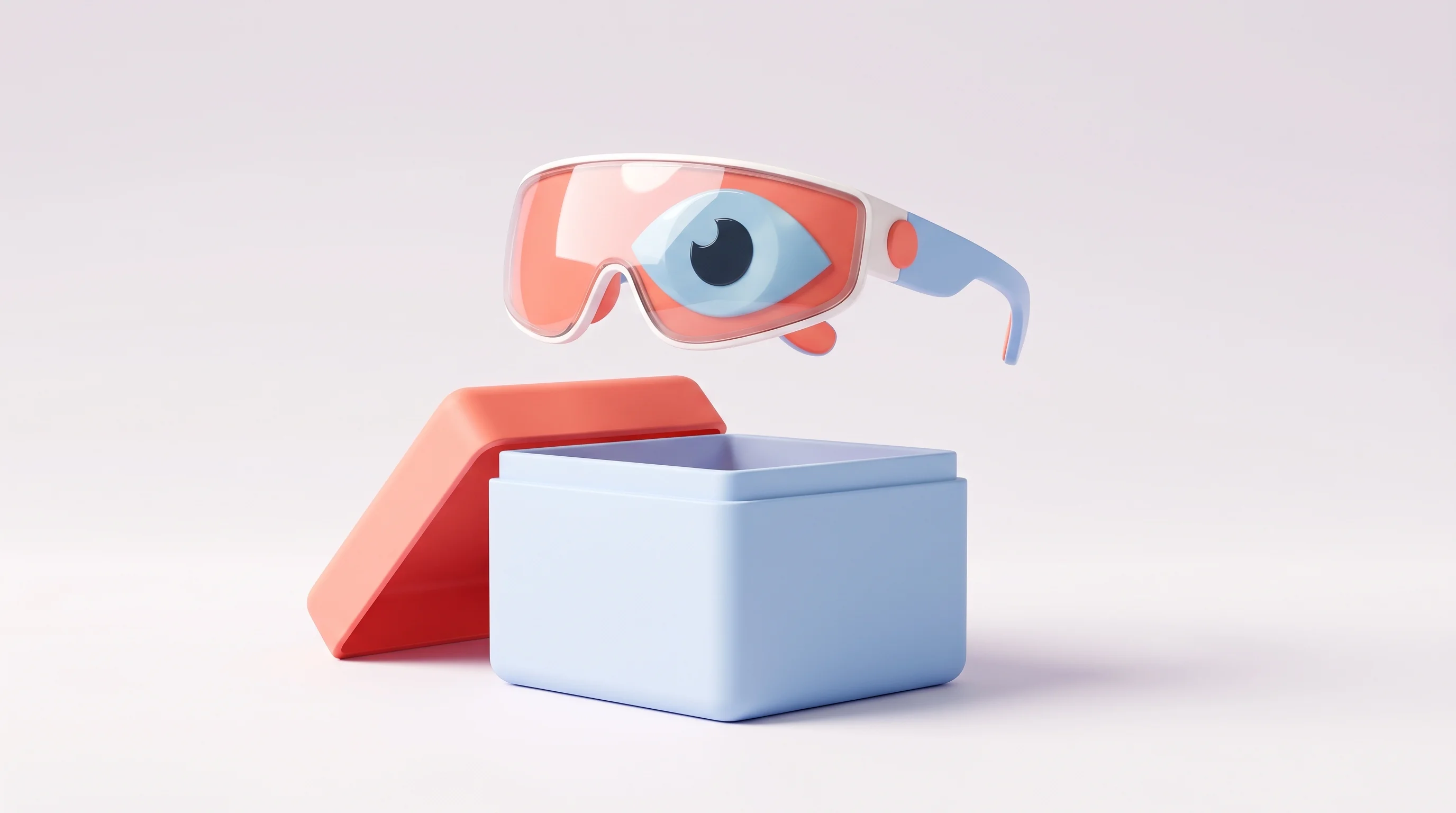 Digital illustration for article section "The Open Question" in "Mosaic SoC Raises $3.8M to Power Always-On AI Wearables" - A clean, minimalist 3D pop art toy style illustration representing ultra-low-power wearable vision t...