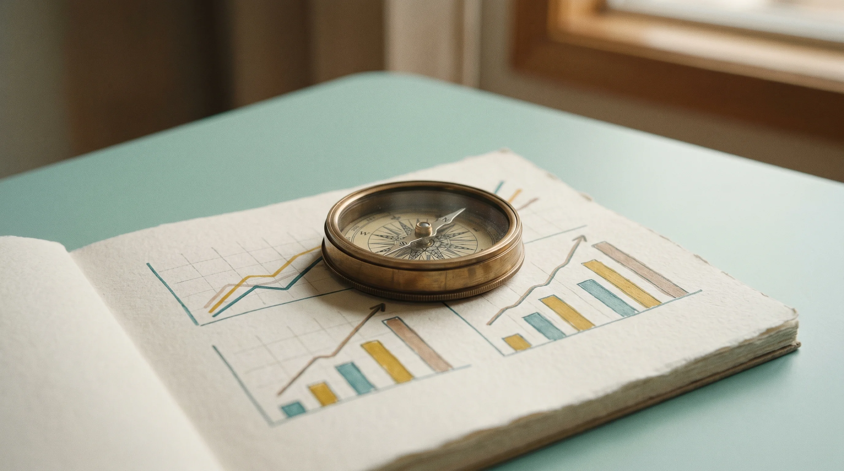 Digital illustration for article section "Beyond Credit Scores" in "Oolka Raises $14M Series A Led by Accel for AI Credit Platform" - A clean, minimalist composition featuring a sleek, neo-retro brass compass resting elegantly on a si...
