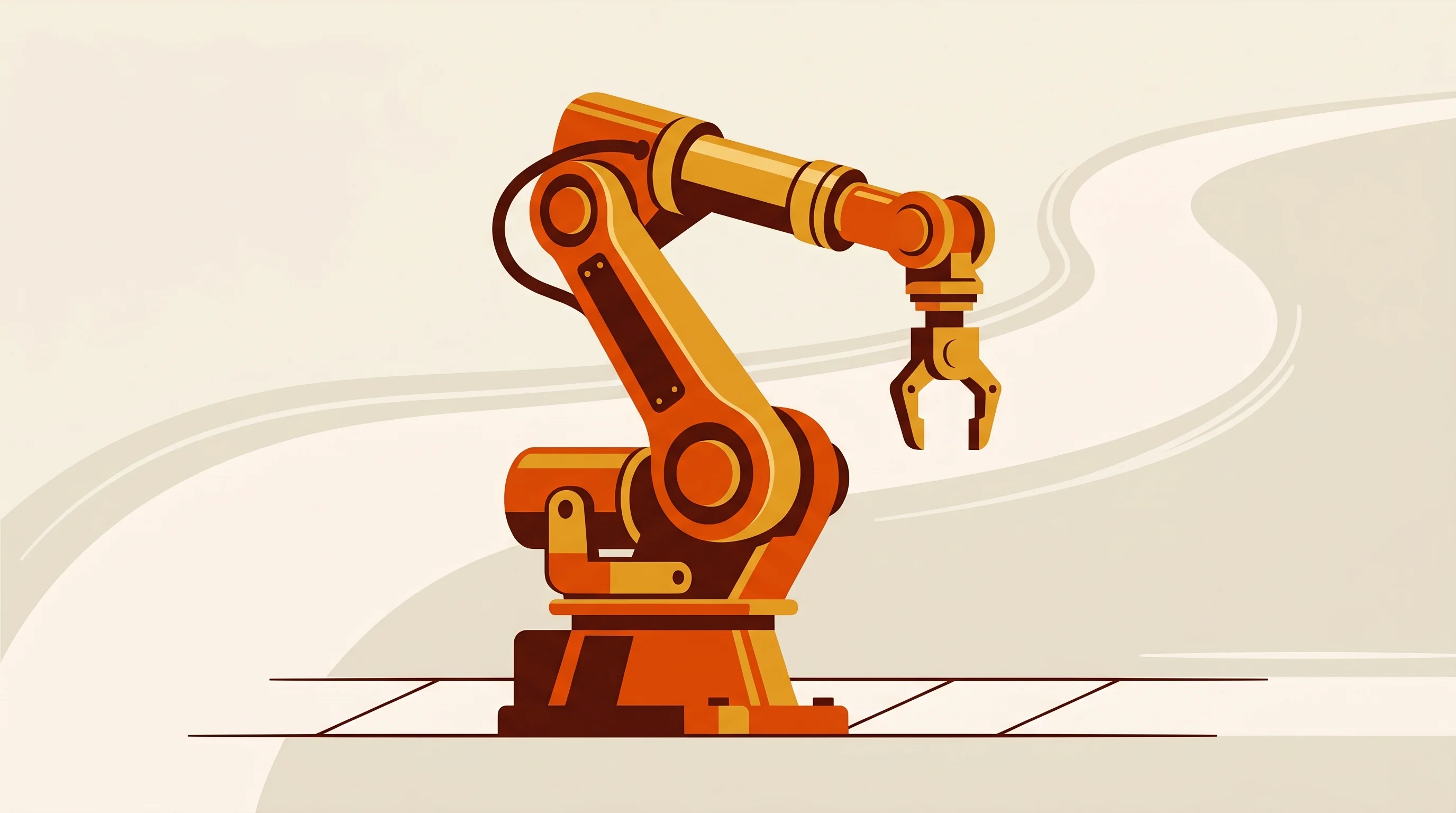 Digital illustration for article section "The Import Problem Raedbots Hopes to Solve" in "Egypt's Raedbots Launches as Region's First Industrial Robotics OEM" - A striking, minimalist illustration of a single, heavy-duty industrial robotic arm standing prominen...