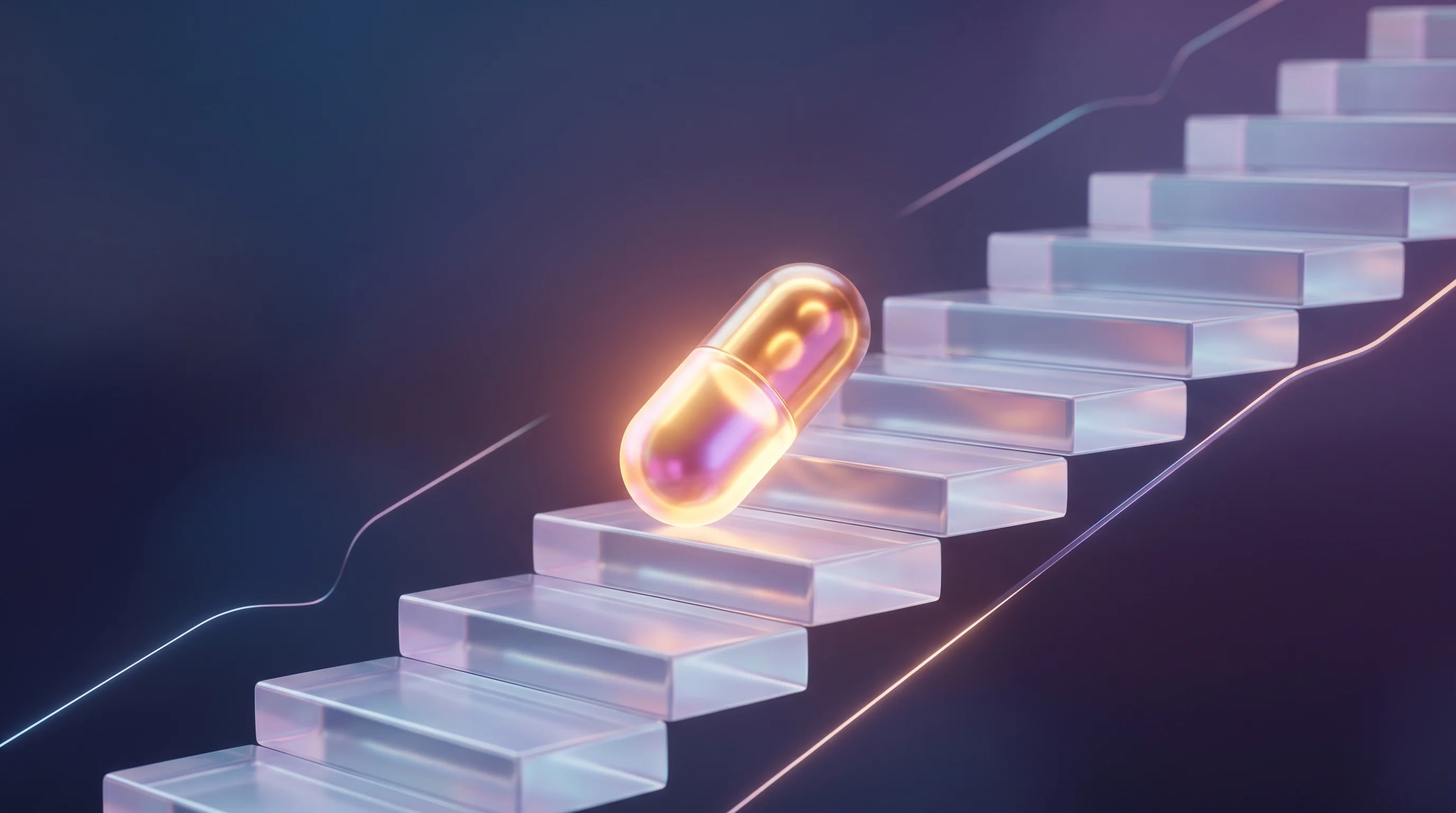 Digital illustration for article section "What Comes Next" in "Vivacta Bio Raises $50M for In Vivo CAR-T Cancer Therapies" - A clean, minimalist 3D conceptual representation of clinical advancement and foundational R&D, featu...