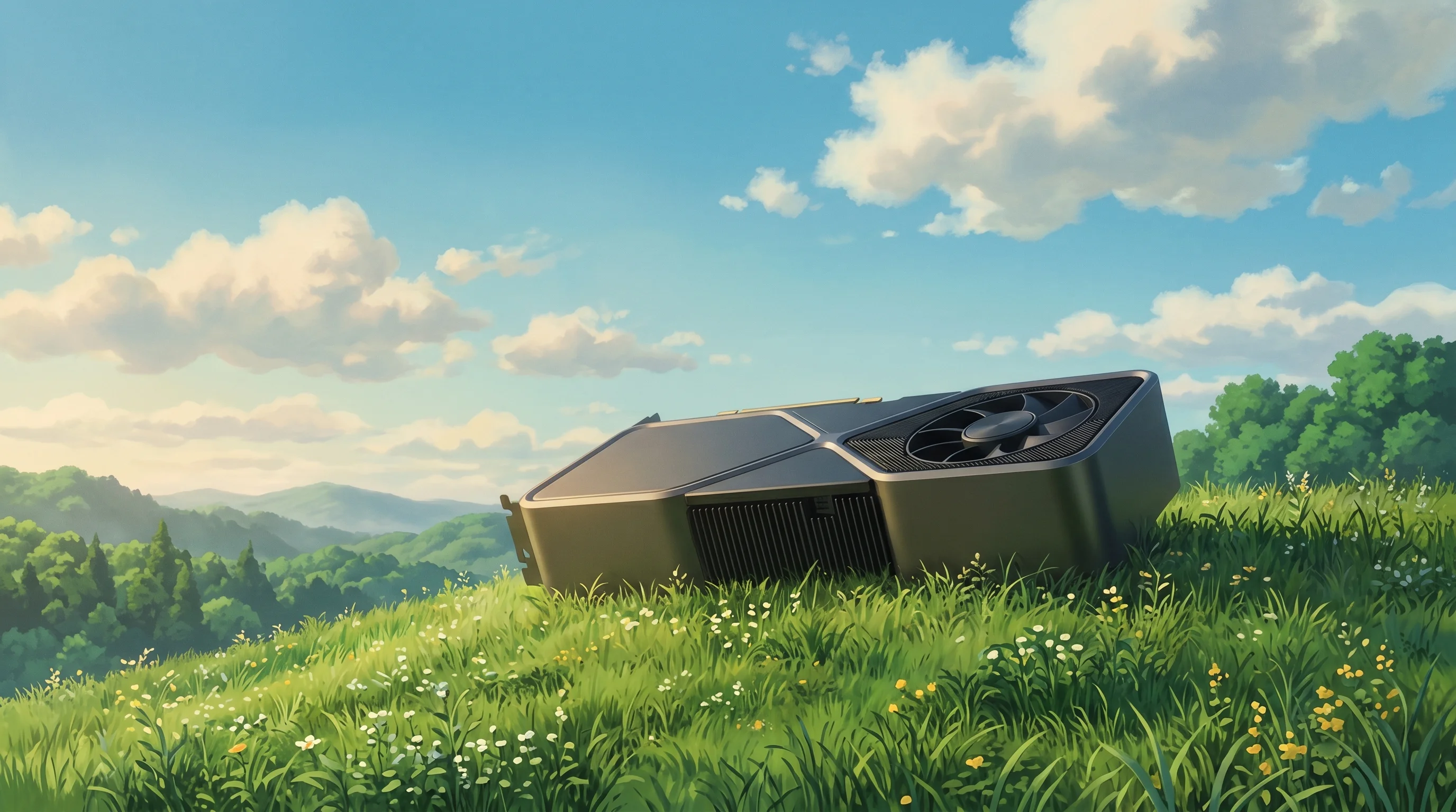 Digital illustration for article section "The Hardware Hurdle" in "Leoma AI Brings Decentralized Video Generation to Bittensor Network" - A clean, minimalist conceptual image featuring a single, massive, sleek high-end graphics card, repr...
