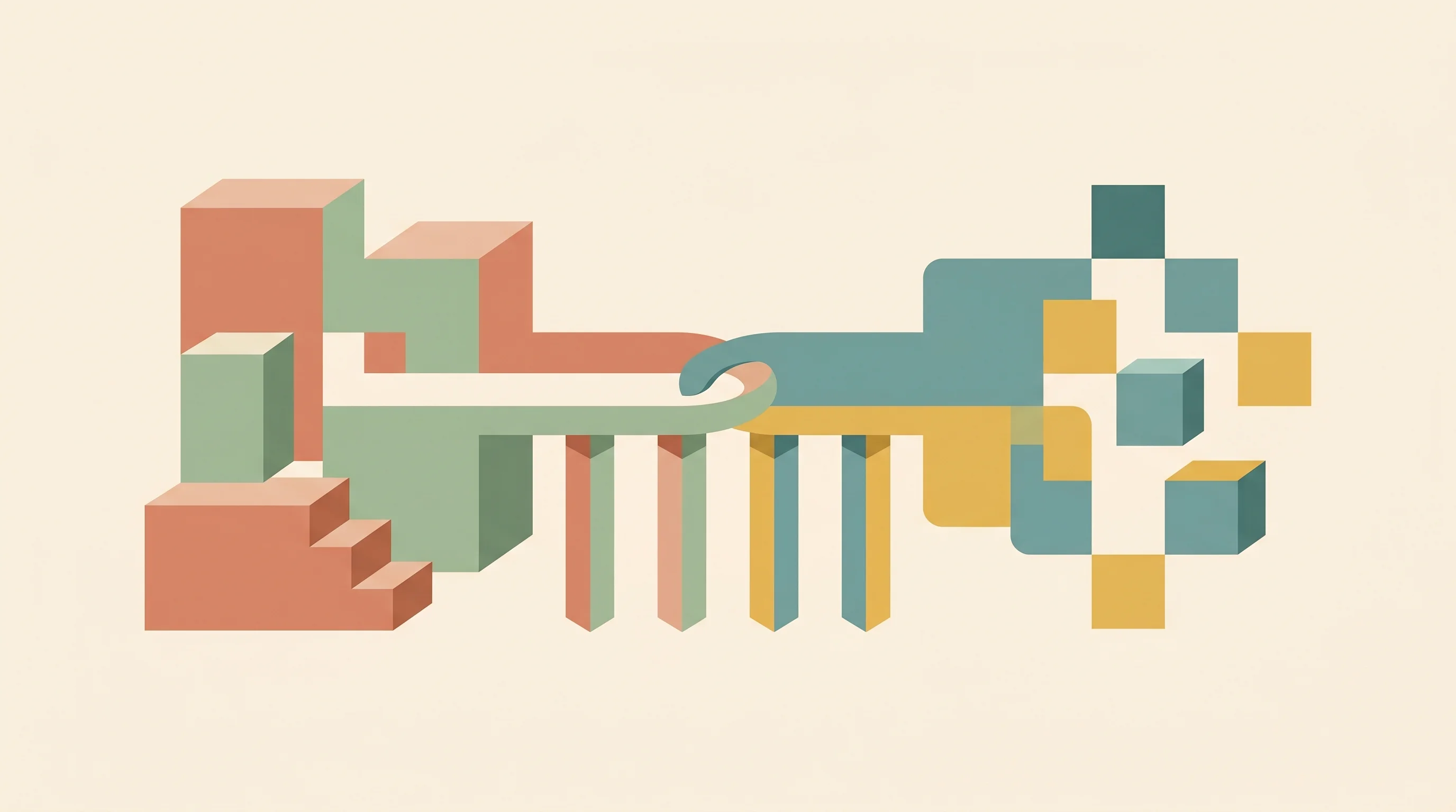 Digital illustration for article section "The Middleware Play" in "Fun Raises $72M Series A to Scale Crypto-Fiat Payment Infrastructure" - A contemporary flat illustration depicting a central, unifying geometric bridge acting as connective...