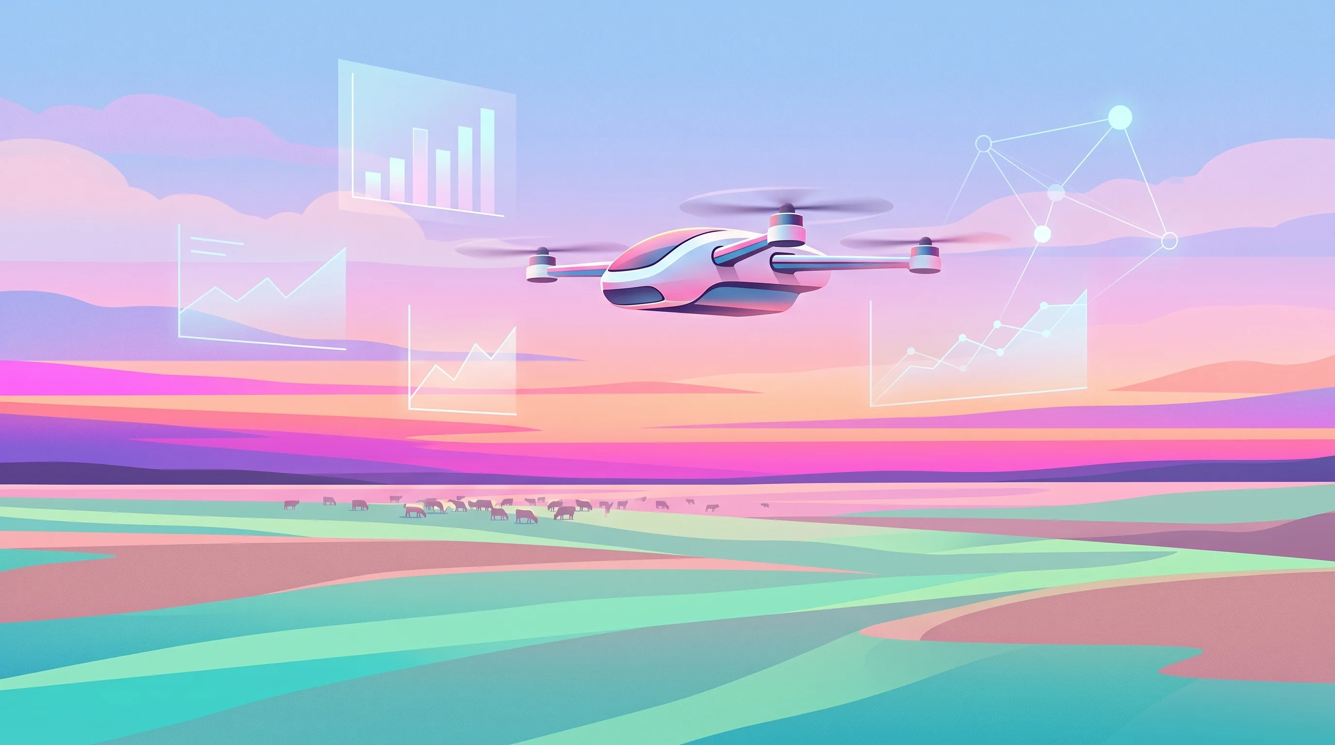 Digital illustration for article section "The Economics of Autonomous Herding" in "YC Backs 19-Year-Old's Cattle Herding Drones With $1.2M Round" - A sleek, minimalist agricultural herding drone hovering gracefully over a sweeping, abstract pasture...