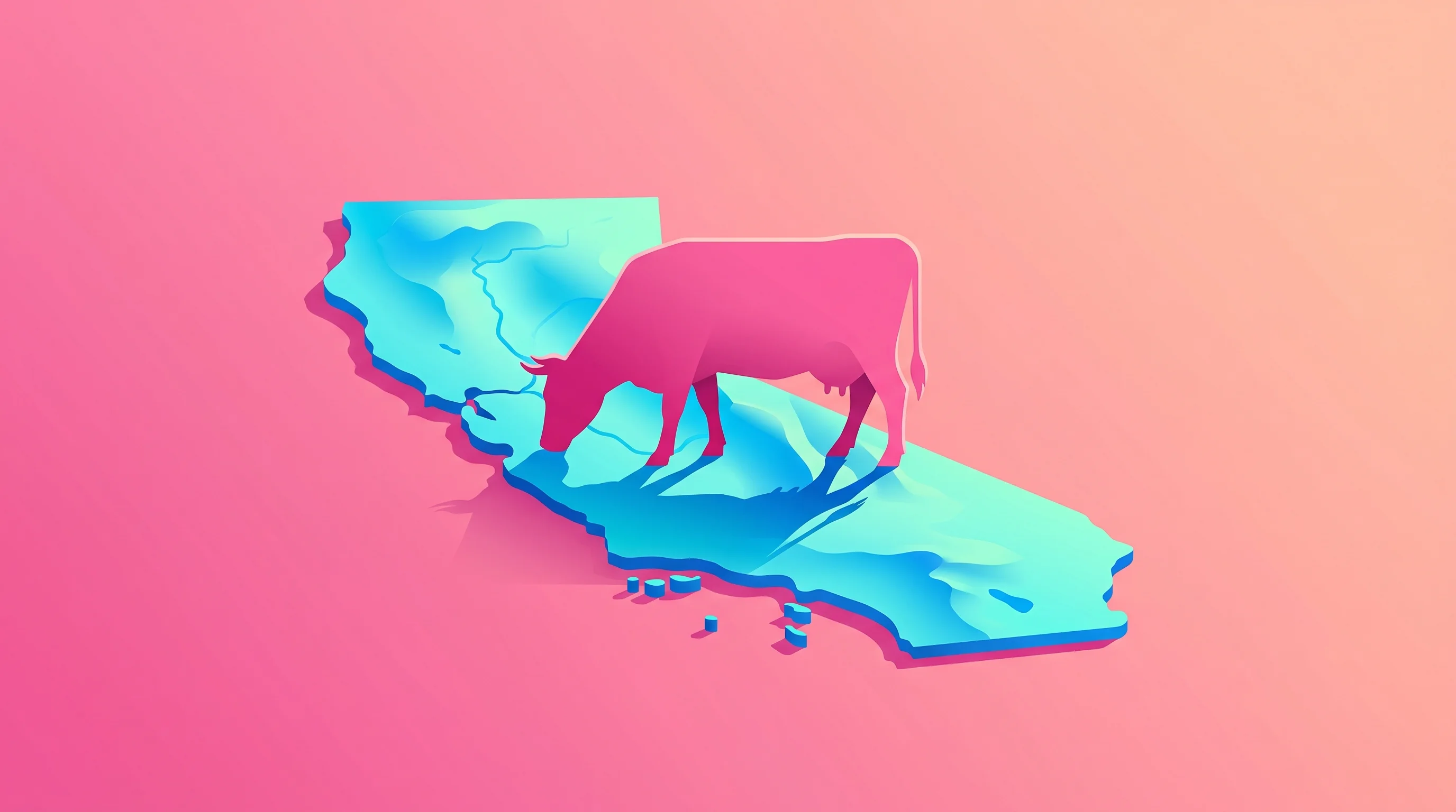 Digital illustration for article section "California Dreaming (and Regulatory Headaches)" in "YC Backs 19-Year-Old's Cattle Herding Drones With $1.2M Round" - A clean, modern conceptual illustration featuring a sleek, minimalist geometric silhouette of a graz...