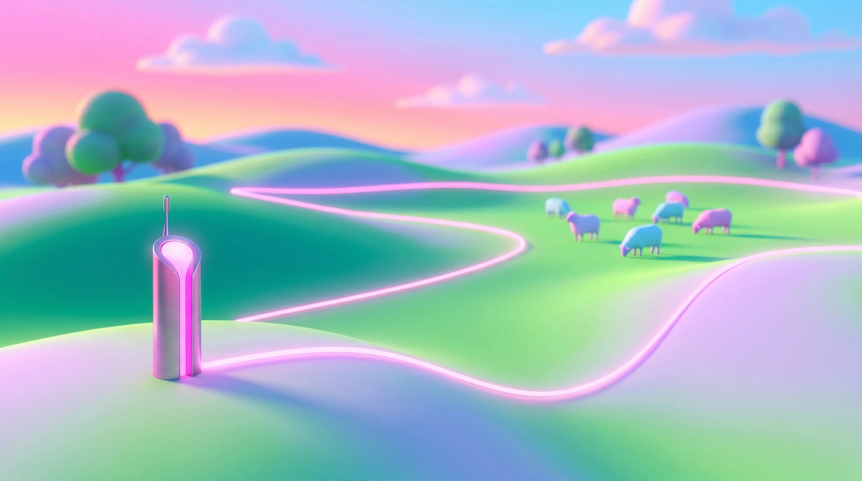 Digital illustration for article section "A Crowded Pasture" in "YC Backs 19-Year-Old's Cattle Herding Drones With $1.2M Round" - A clean, minimalist conceptual visualization of a modern agricultural pasture focusing on GPS-enable...