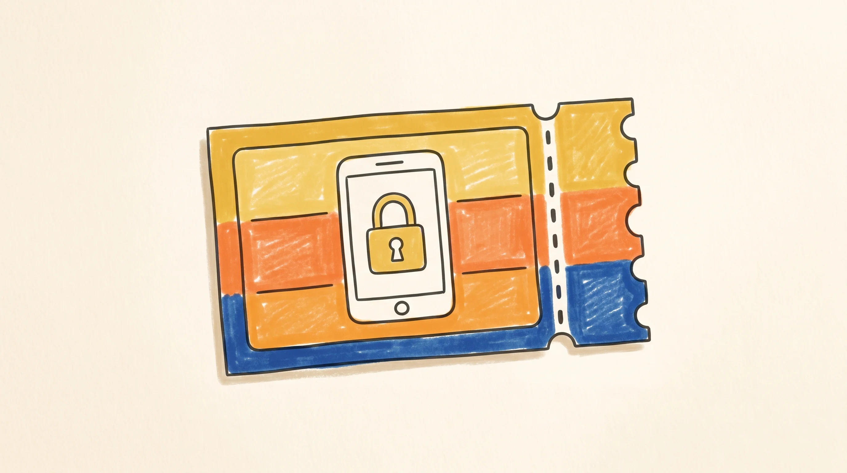 Digital illustration for article section "AI as Entry Ticket, Not Differentiator" in "AppAudix Enters Mobile Security Market with AI-Driven Pen Testing" - A clean, minimalist conceptual illustration of a large, simplified admission ticket featuring a mobi...