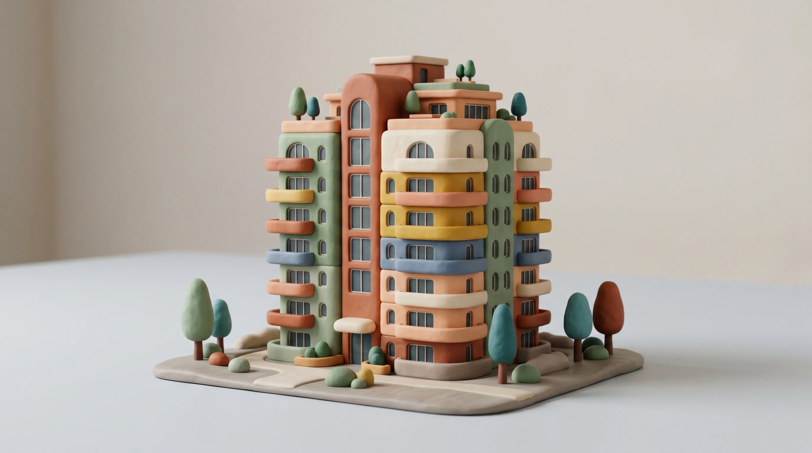 Digital illustration for article section "Germany's housing crunch as a laboratory" in "All3 Raises $25M Seed to Automate Construction with AI Robots" - A minimalist architectural concept model of a modern residential apartment building representing a n...