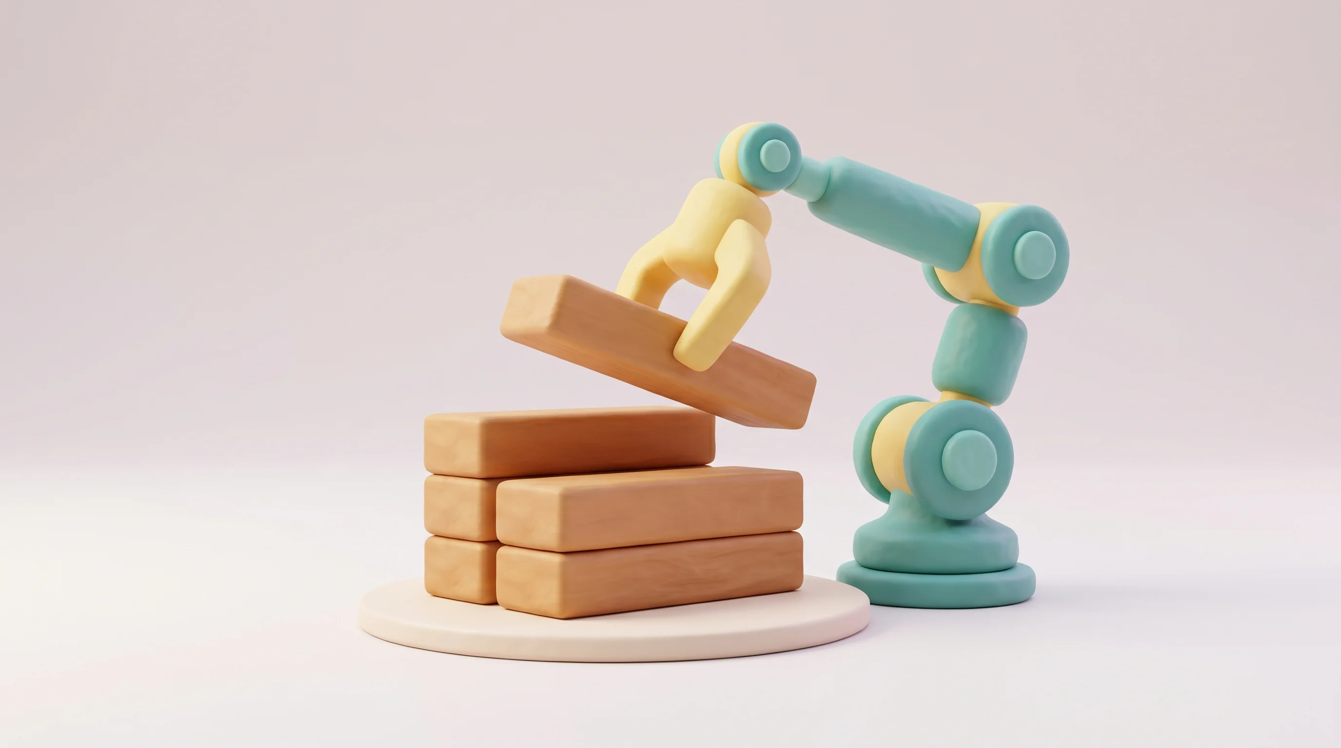 Digital illustration for article section "Serial entrepreneurs return, this time with timber and robots" in "All3 Raises $25M Seed to Automate Construction with AI Robots" - A conceptual, minimalist 3D illustration representing the intersection of construction robotics and ...