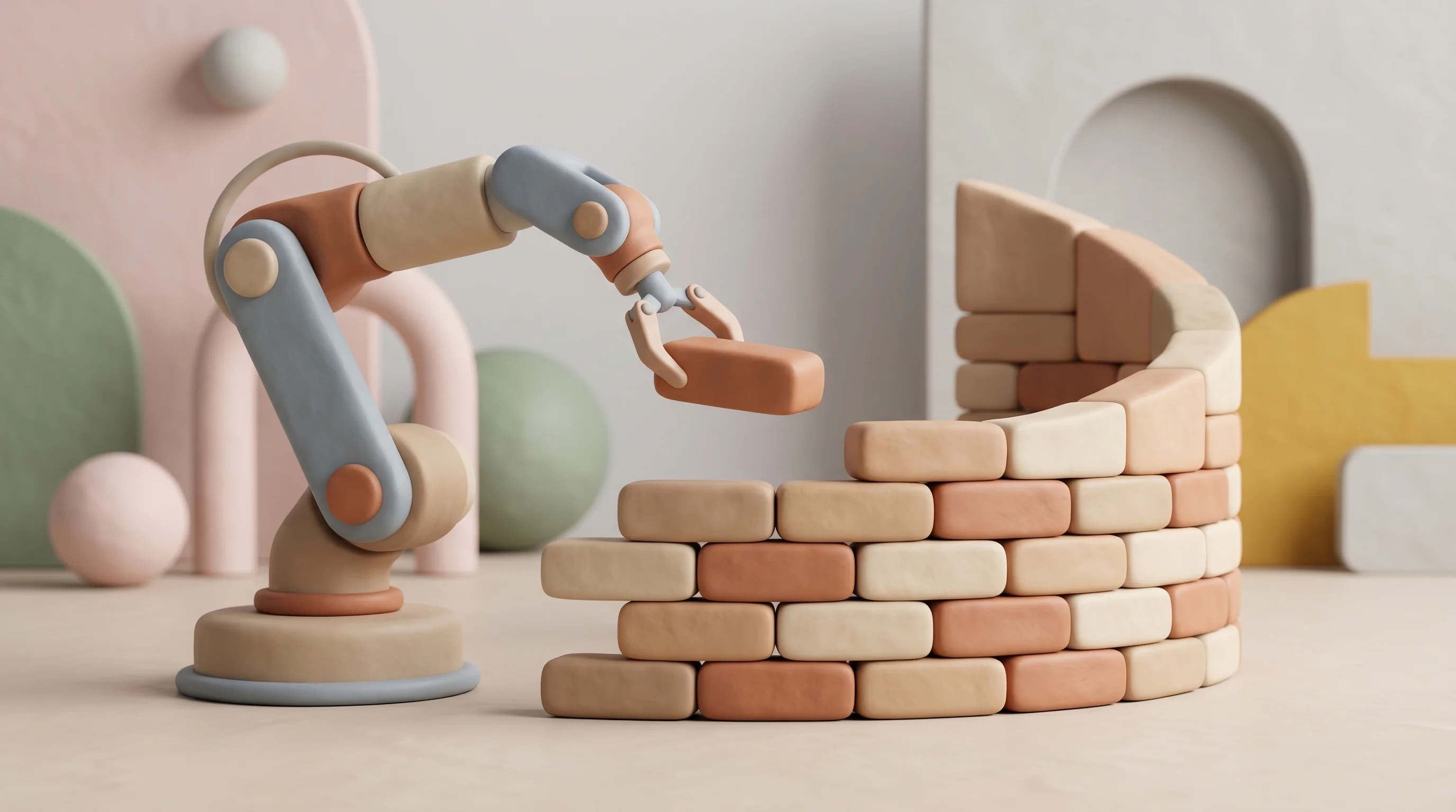 Digital illustration for article section "A growing field, with cautious optimism" in "All3 Raises $25M Seed to Automate Construction with AI Robots" - A clean, minimalist 3D rendering of a stylized modern robotic arm gently placing a smooth brick onto...