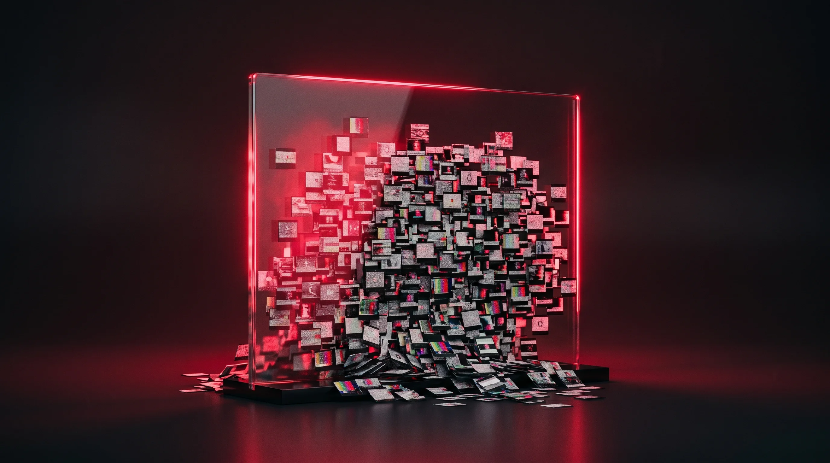 Digital illustration for article section "When the Slop Hits" in "S&box Earns Nearly $1M Day One Despite AI Flood and Mixed Reviews" - A minimalist, conceptual visualization of a digital storefront overwhelmed by low-quality content, f...