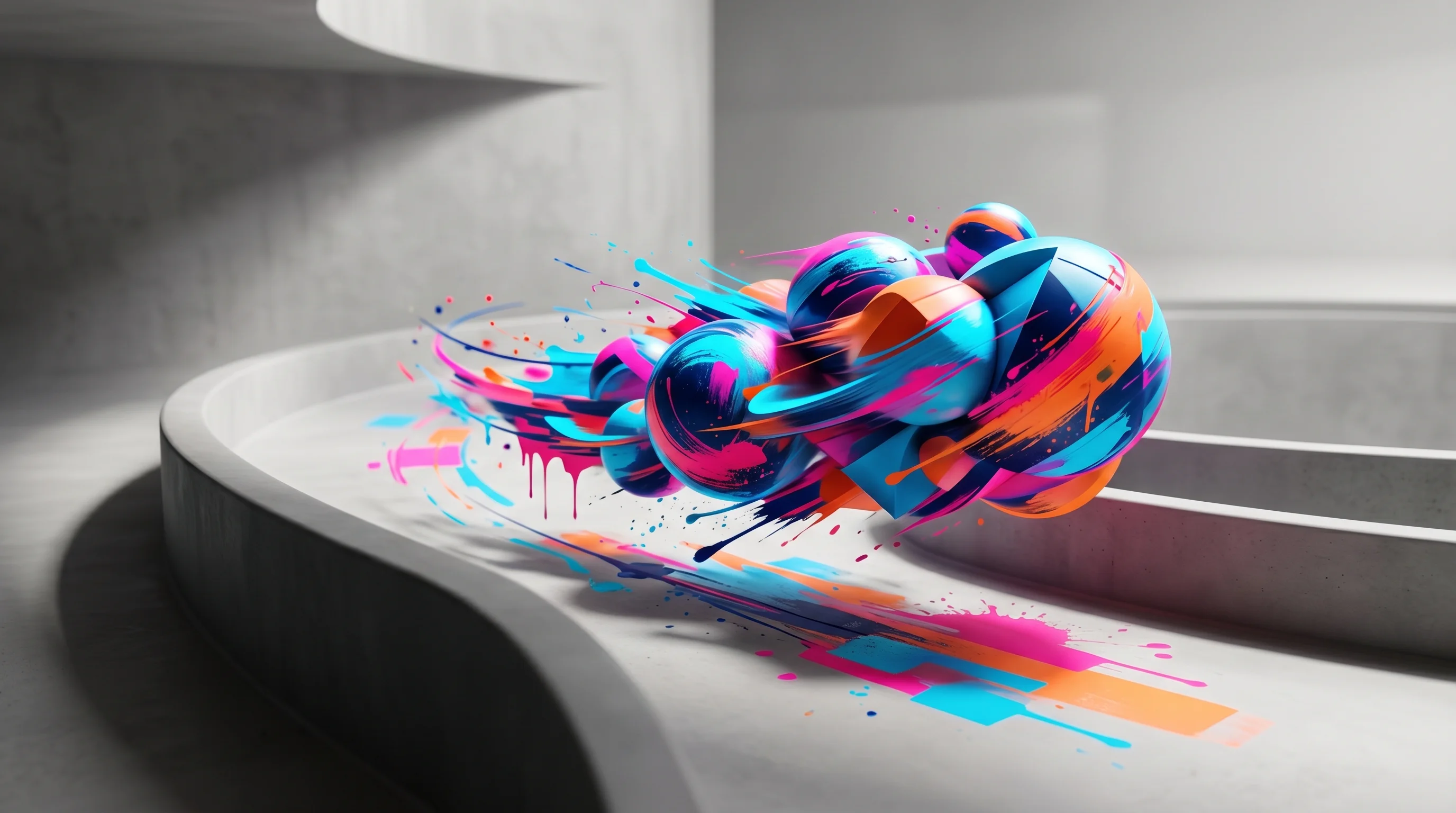 Digital illustration for article section "A Crowded, Fast-Moving Category" in "Polymath's $8M Seed Fuels Race to Build 'Gyms' for AI Agents" - A dynamic, fast-moving cluster of sleek, abstract geometric spheres and aerodynamic shapes navigatin...
