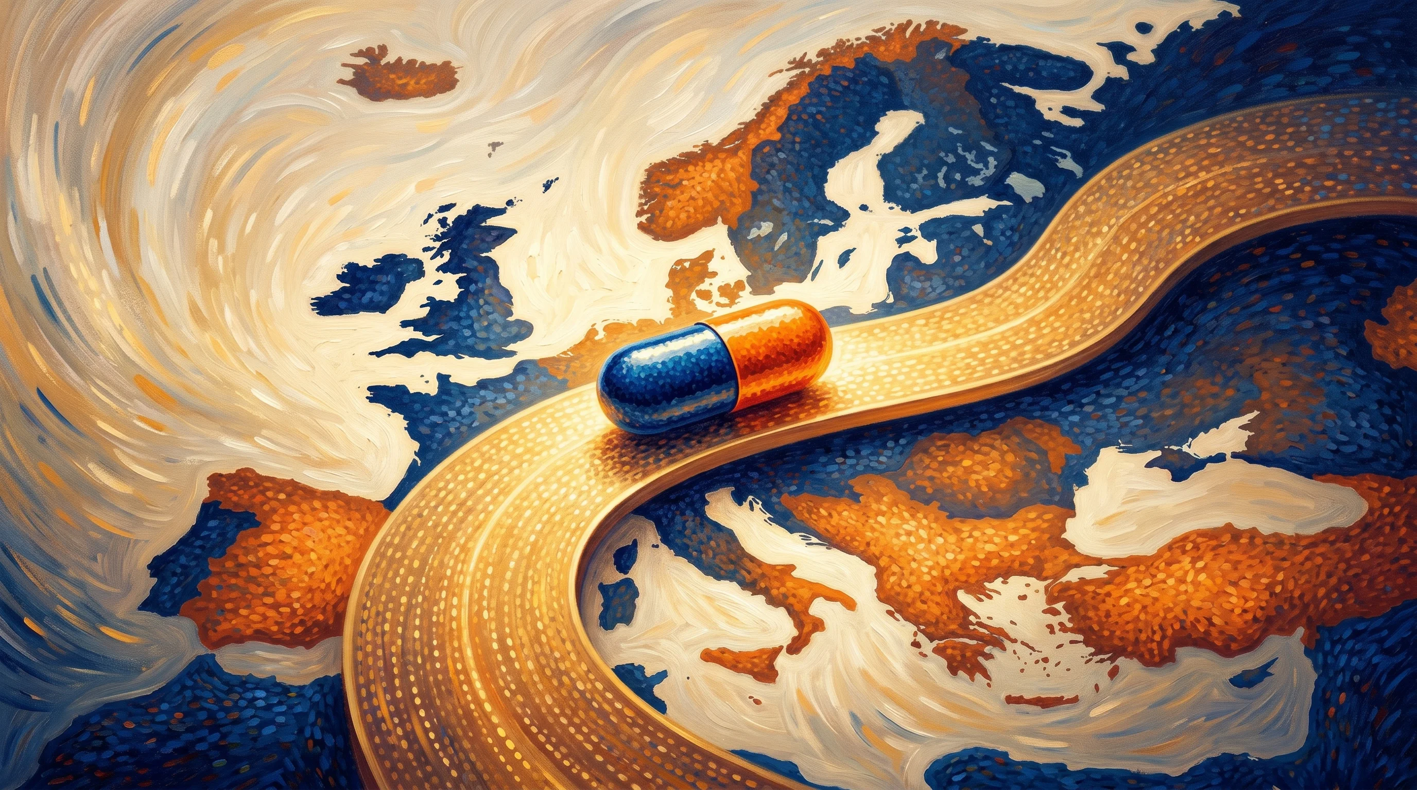 Digital illustration for article section "Content Section 3" in "XO Life Lands €4M to Digitize Patient Data for Drug Development" - A sleek, modern pharmaceutical capsule resting on a smooth, flowing, golden pathway that elegantly c...