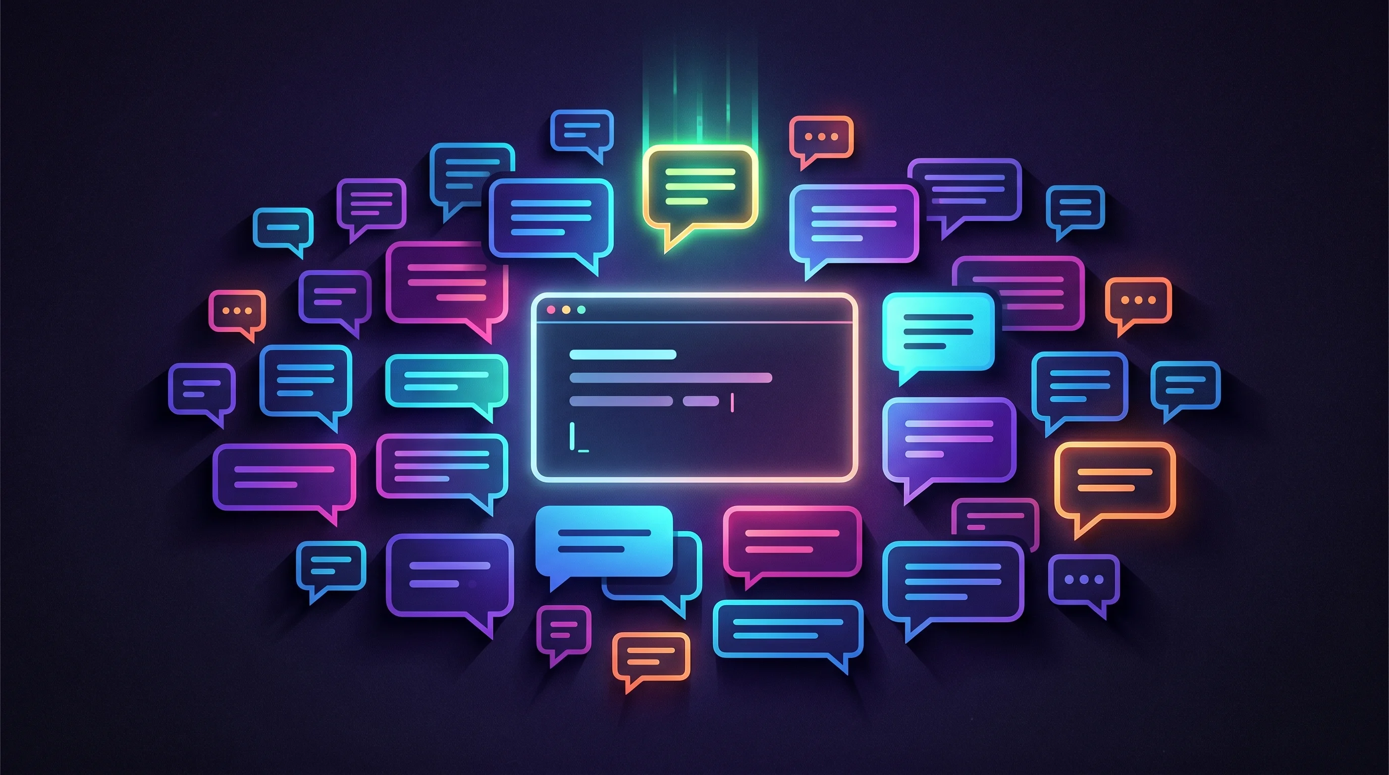 Digital illustration for article section "A Crowded Field" in "SoftBank-Backed Emergent Launches AI Agent Inside WhatsApp, Telegram" - A clean, minimal composition illustrating a crowded market of messaging-based AI agents, featuring a...