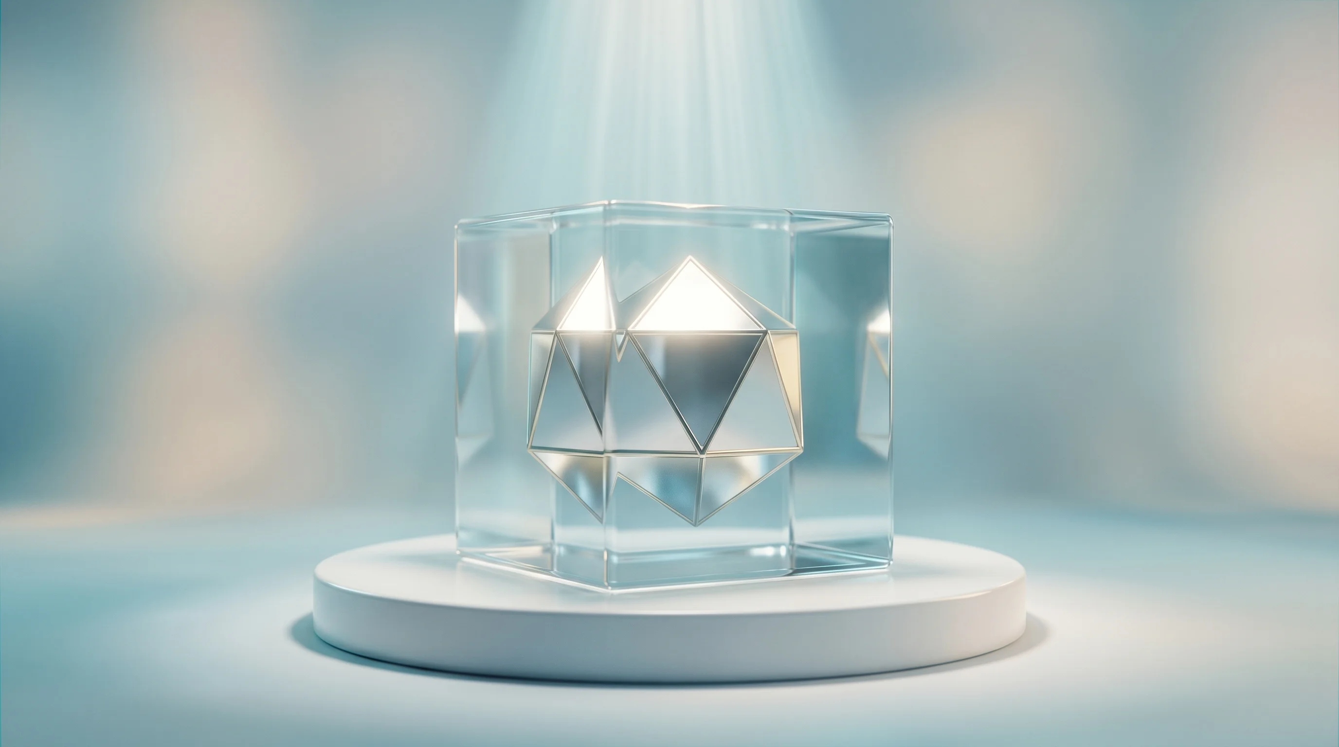 Digital illustration for article section "Trust, But Verify" in "Midas Raises $50M Series A to Unlock Instant Liquidity for Tokenized Assets" - A pristine, translucent glass cube rests on a smooth pedestal, containing a solid, polished metallic...