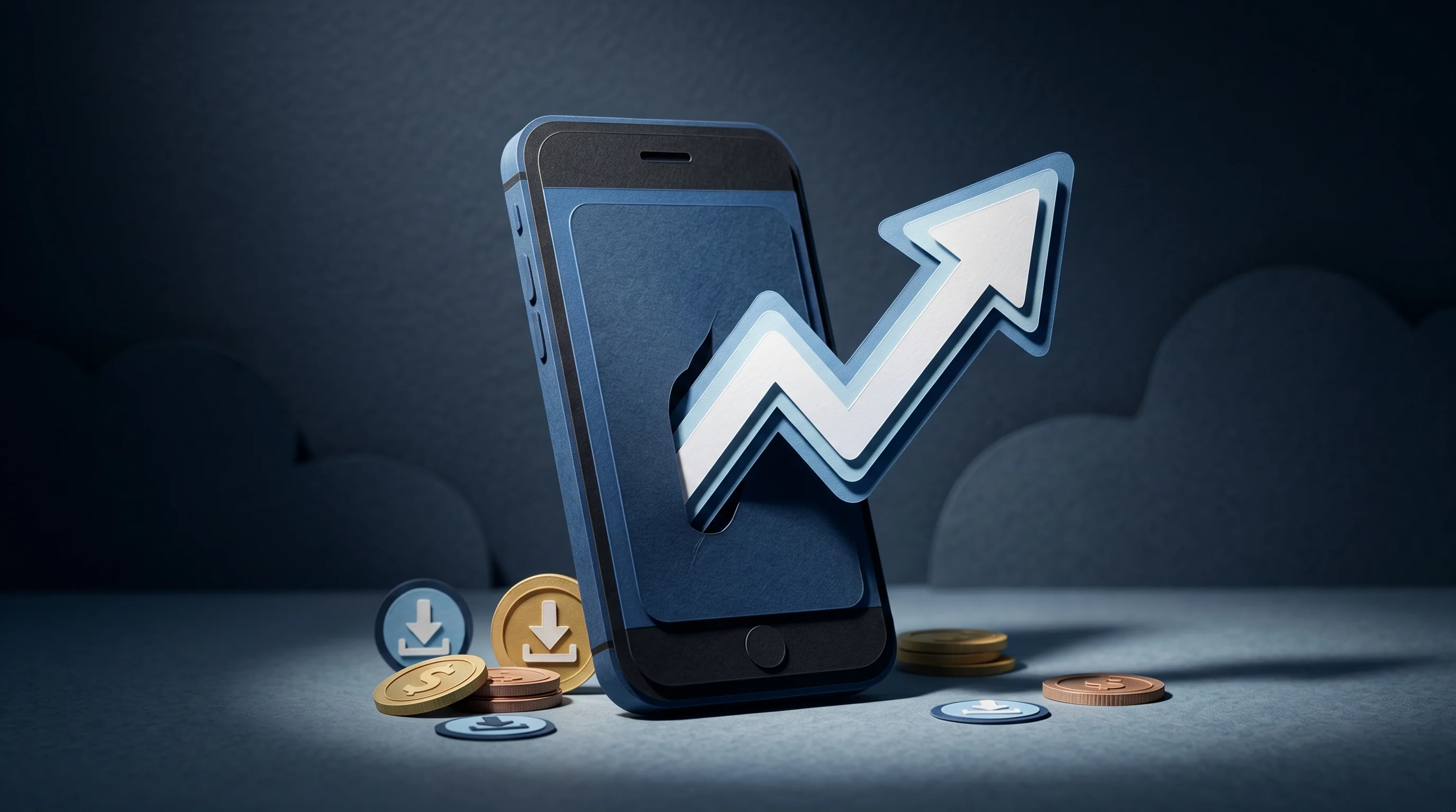 Digital illustration for article section "Traction, or Just Noise?" in "Siam Digital Lending Raises $7.8M Series A for AI-Driven Credit in Thailand" - A minimalist, abstract diorama illustrating app traction and financial growth, featuring a sleek, st...