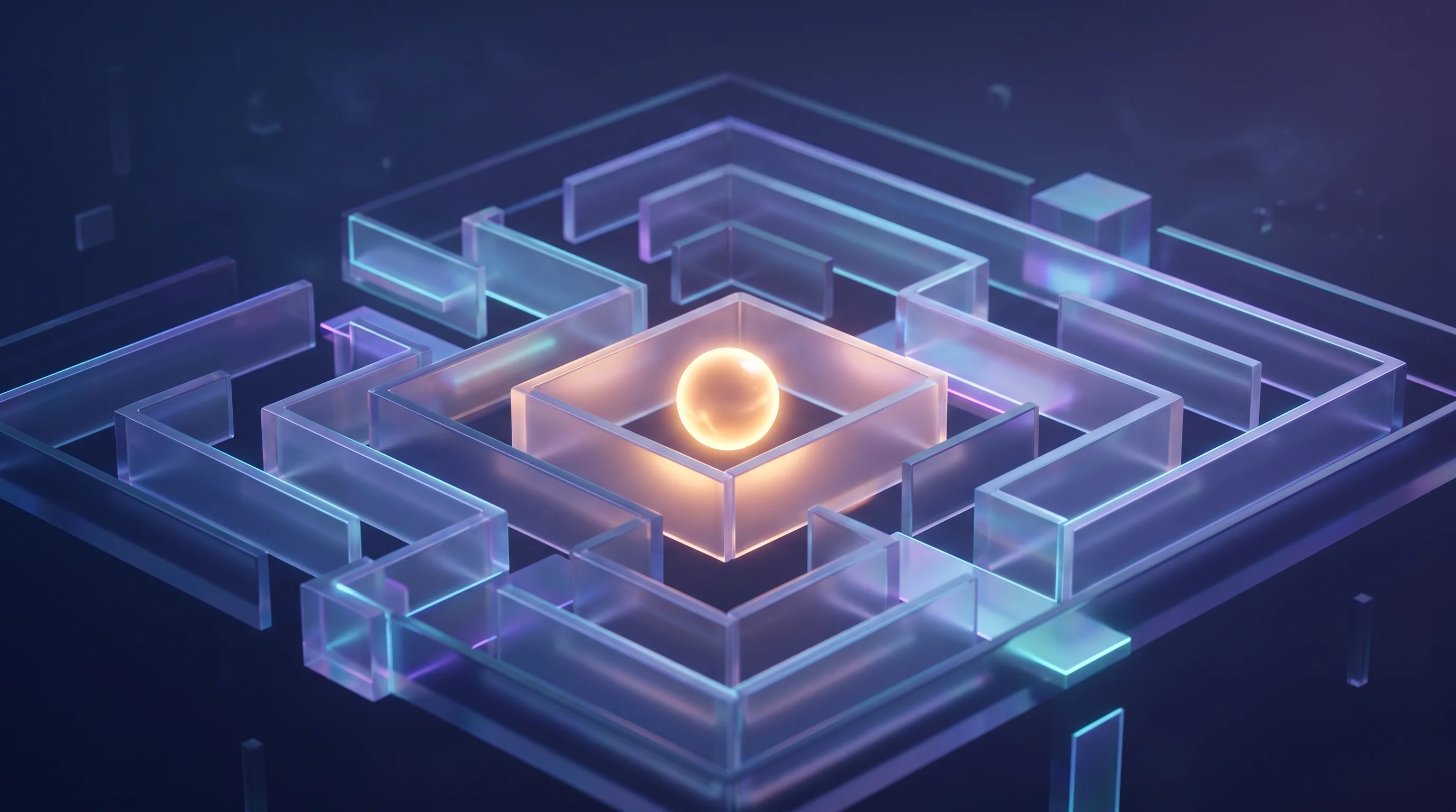 Digital illustration for article section "When Benchmarks Start to Blur" in "Ex-DeepPavlov Team Builds Enterprise AI Agents Post-Techstars" - A conceptual, modern 3D rendering of a sleek, abstract glowing orb smoothly navigating through a min...
