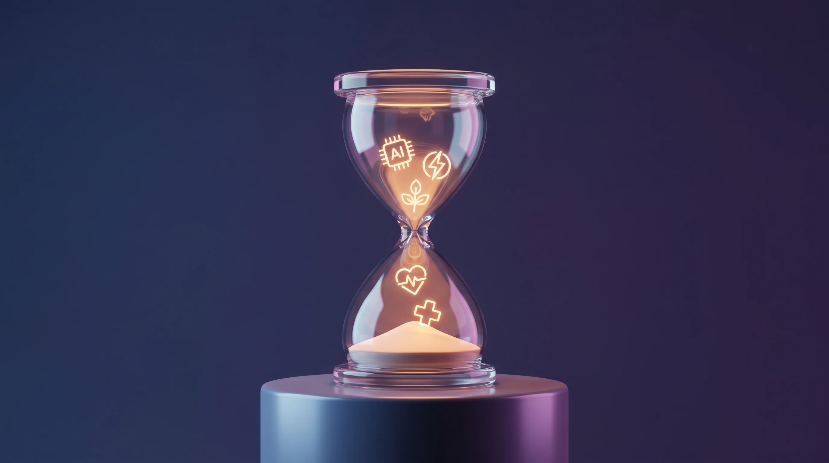Digital illustration for article section "The Long Game in a Short-Attention Market" in "Ex-DeepPavlov Team Builds Enterprise AI Agents Post-Techstars" - A minimalist and conceptual 3D rendering of a sleek, crystalline hourglass resting on a smooth pedes...