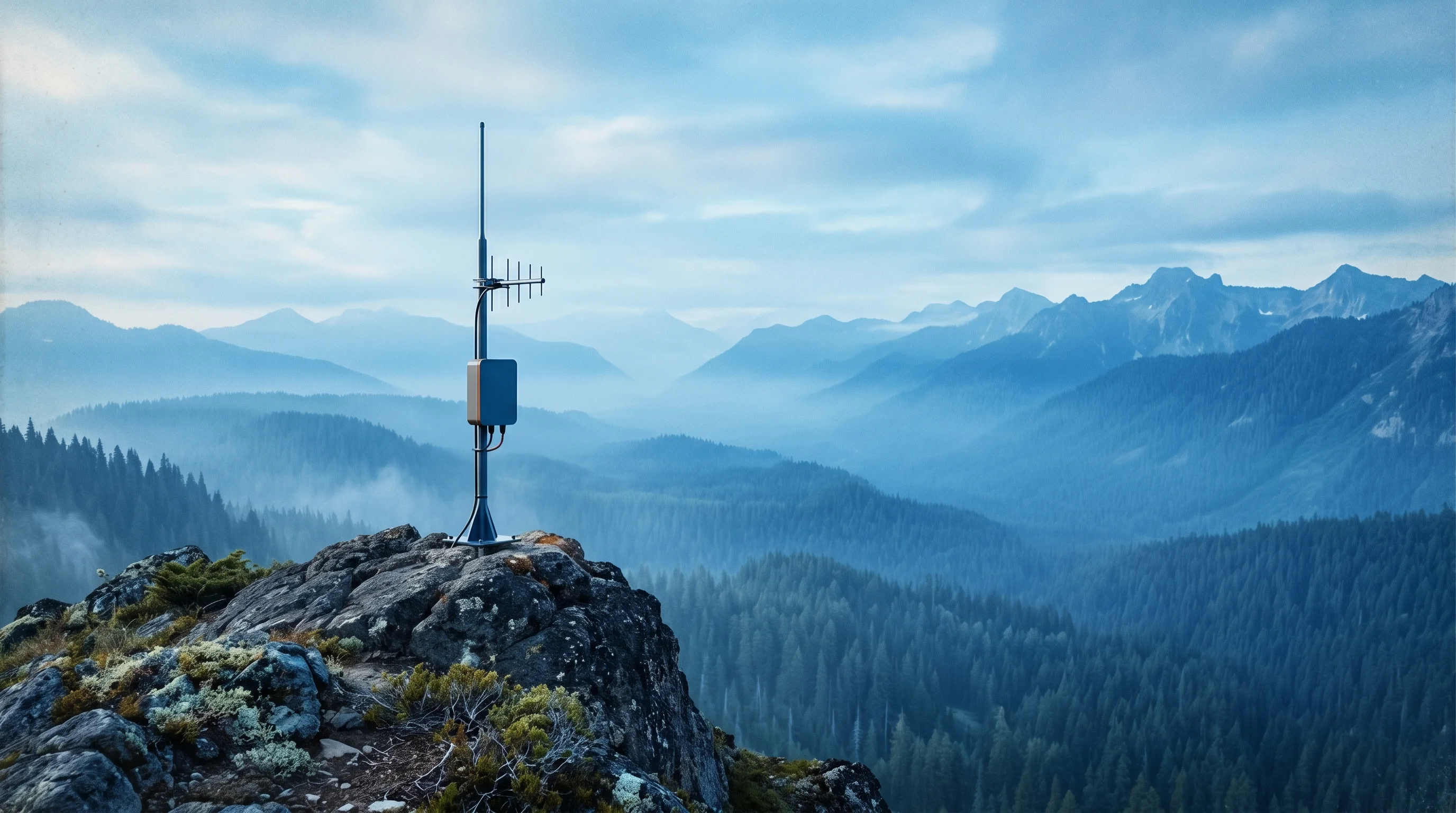 Digital illustration for article section "Where Would This Actually Work?" in "BYOMesh's Dual-Radio LoRa Dev Kit Claims 100x Bandwidth Boost" - A sleek, minimalist sensor node antenna perched on a solitary rocky mountaintop overlooking a vast, ...