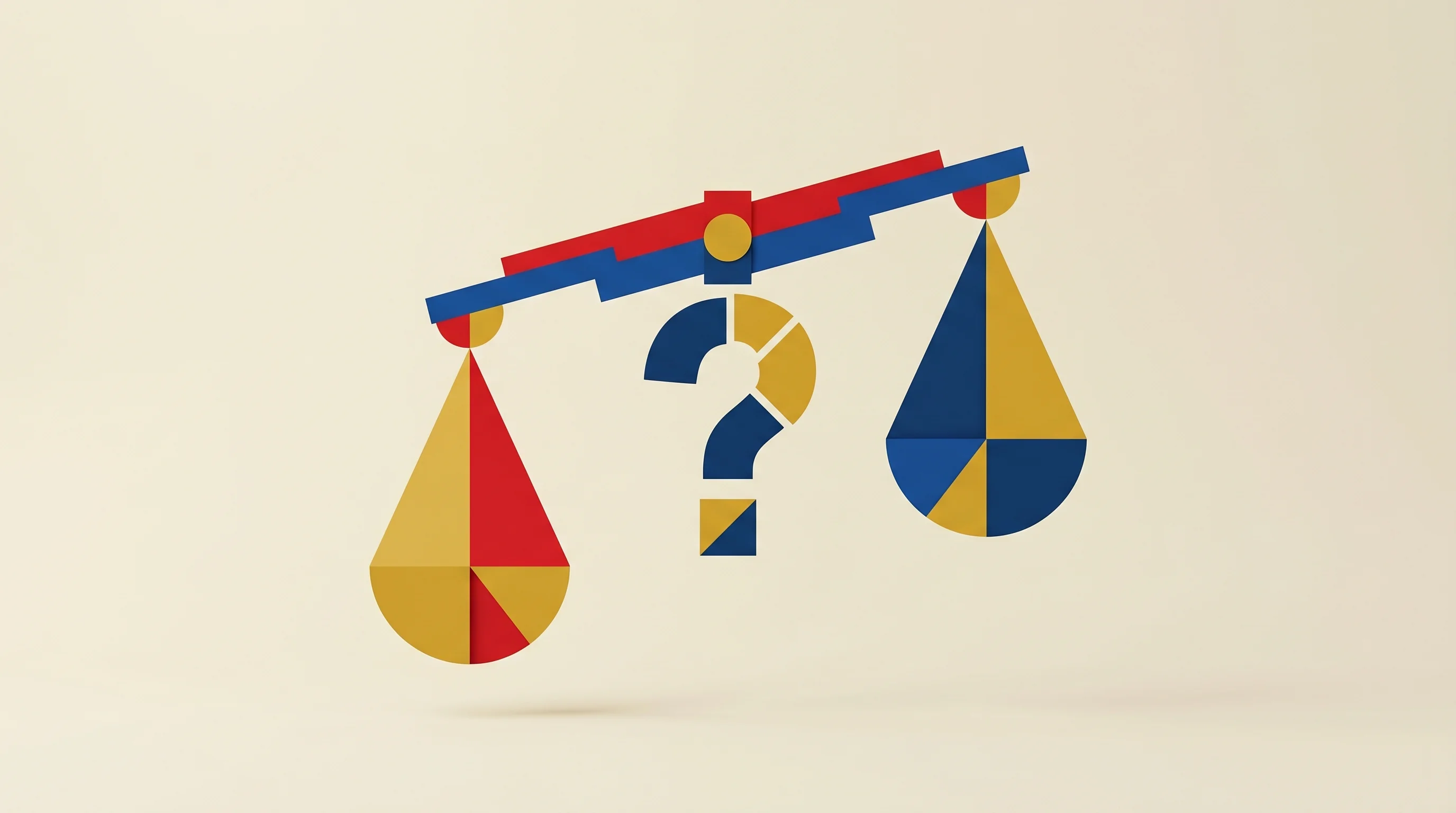 Digital illustration for article section "The Unresolved Question" in "Suno AI Hits $300M Revenue Despite Legal War with Music Industry" - A conceptual, minimalist representation of an unresolved legal dispute featuring a deconstructed bal...