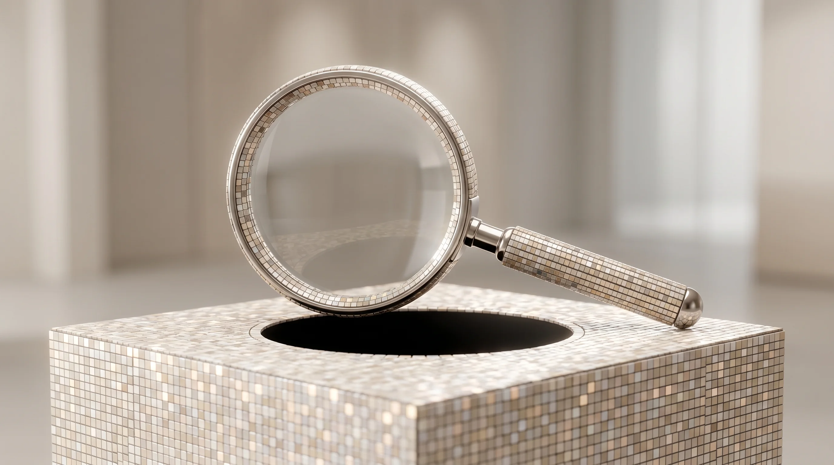 Digital illustration for article section "What's Missing: Proof" in "Shipper.now Bets on AI Agent Teams to Challenge Lovable's Empire" - A clean, minimalist composition focusing on a sleek, modern magnifying glass examining a conspicuous...