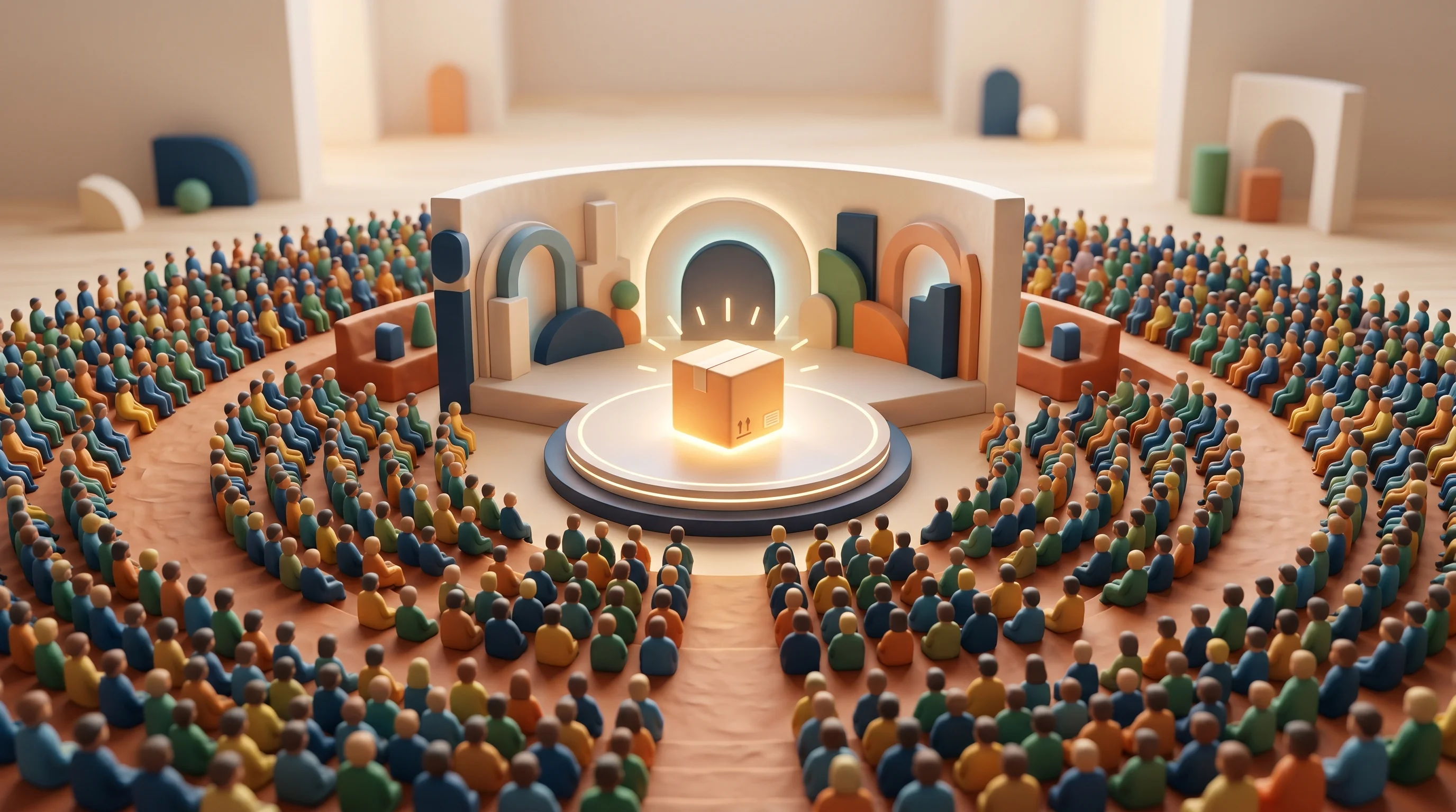 Digital illustration for article section "A Saturday in Bengaluru" in "Y Combinator's India Bet: 25,000 Applications Signal Startup Shift" - A conceptual 3D miniature diorama representing a massive startup founder event in Bengaluru, featuri...