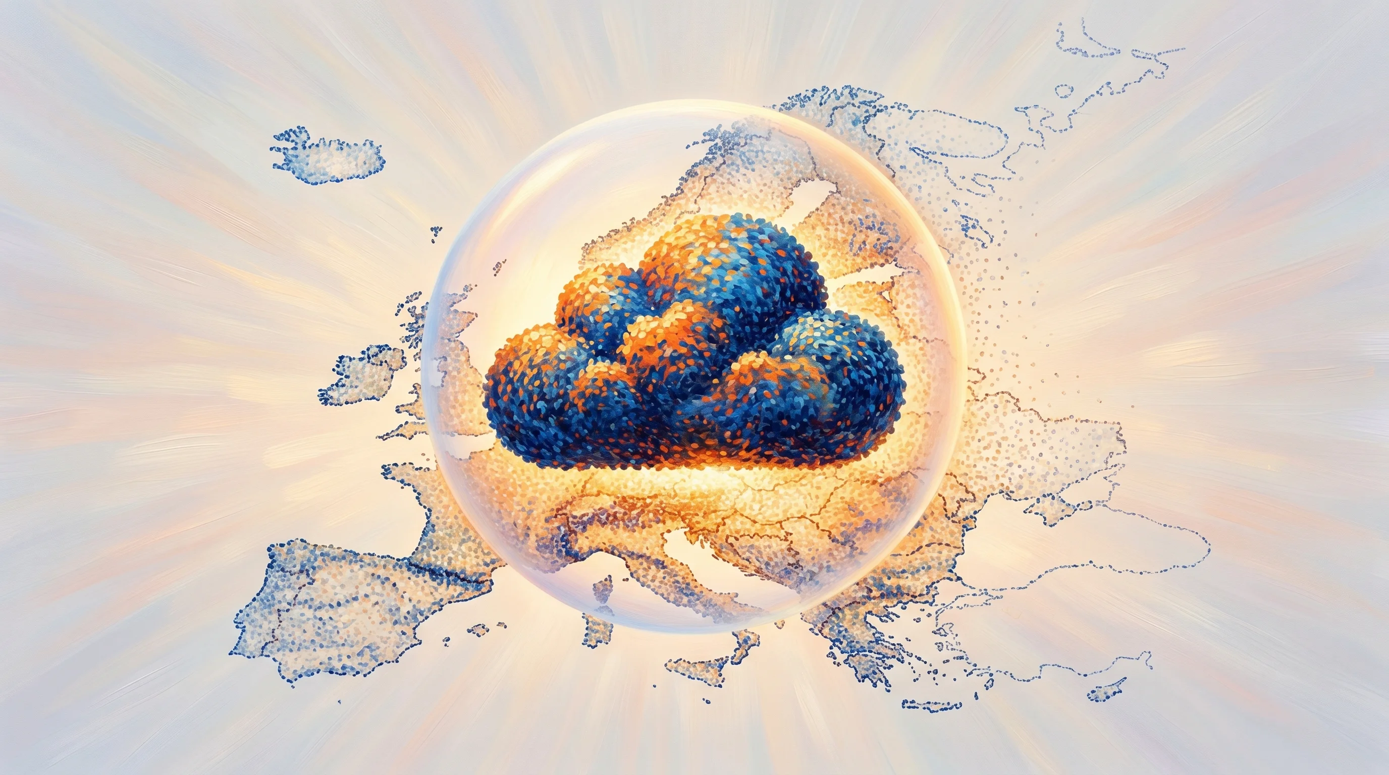 Digital illustration for article section "The sovereignty play" in "eleQtron Raises $67M Series A for Subscription Quantum Computing" - A conceptual and minimal representation of European digital sovereignty featuring a single, stylized...