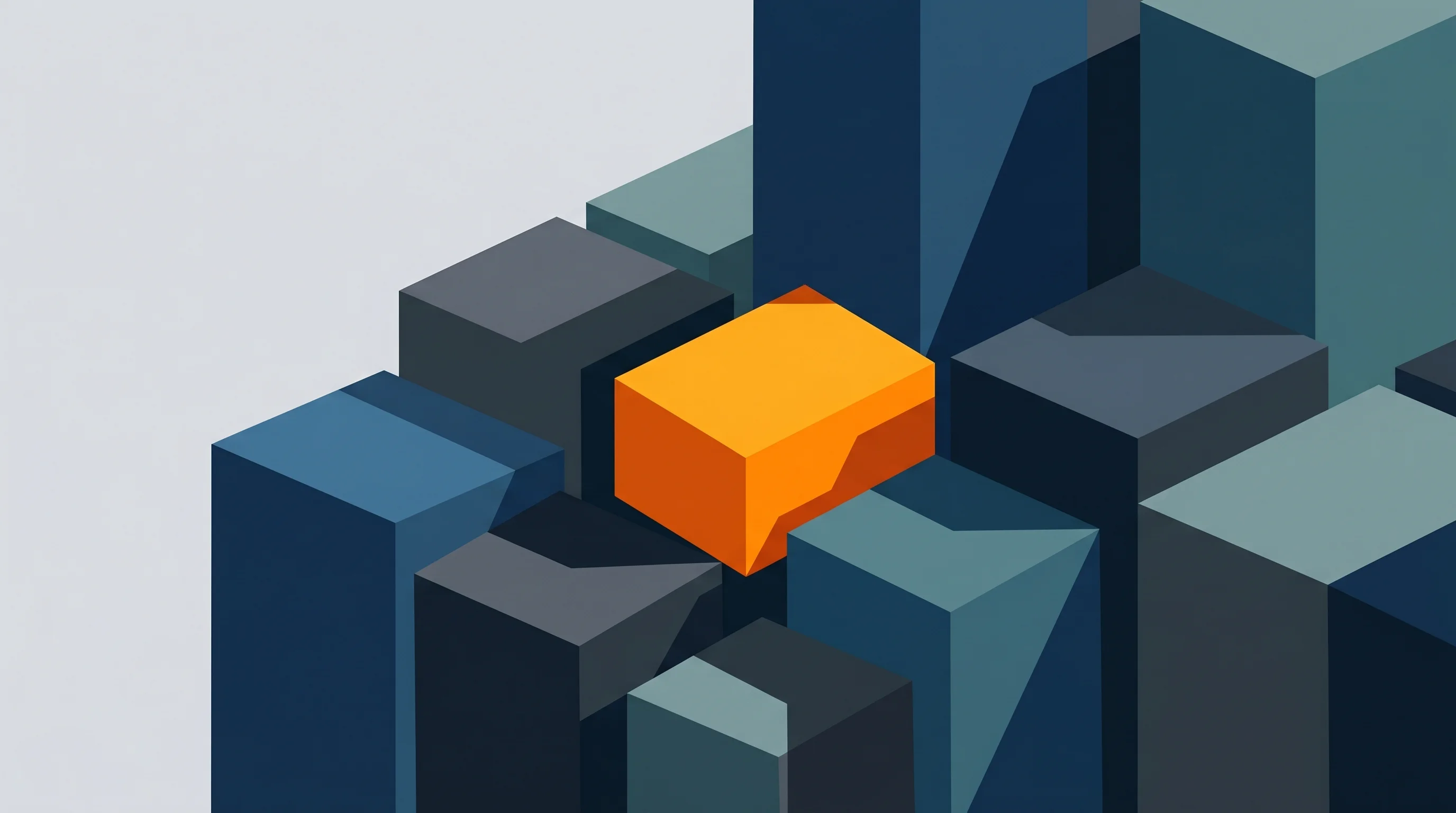 Digital illustration for article section "Crowded, But Maybe Not Too Late" in "CrowdStrike Veterans Raise $34M Seed to Govern Agentic AI" - A bold, modern conceptual illustration depicting a densely packed arrangement of large, imposing geo...