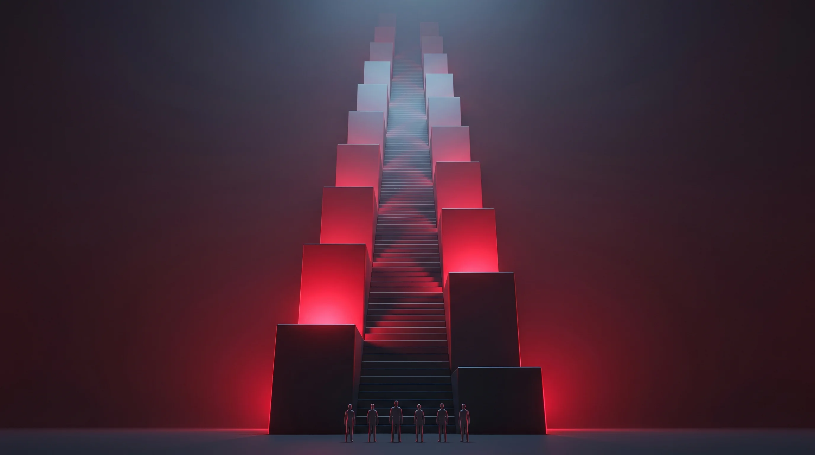 Digital illustration for article section "The Steep Climb Ahead" in "YC-Backed ProjectX Launches Infinity: The Multi-Agent Operating System" - A conceptual, minimalist composition illustrating the steep, monumental climb of building a new oper...