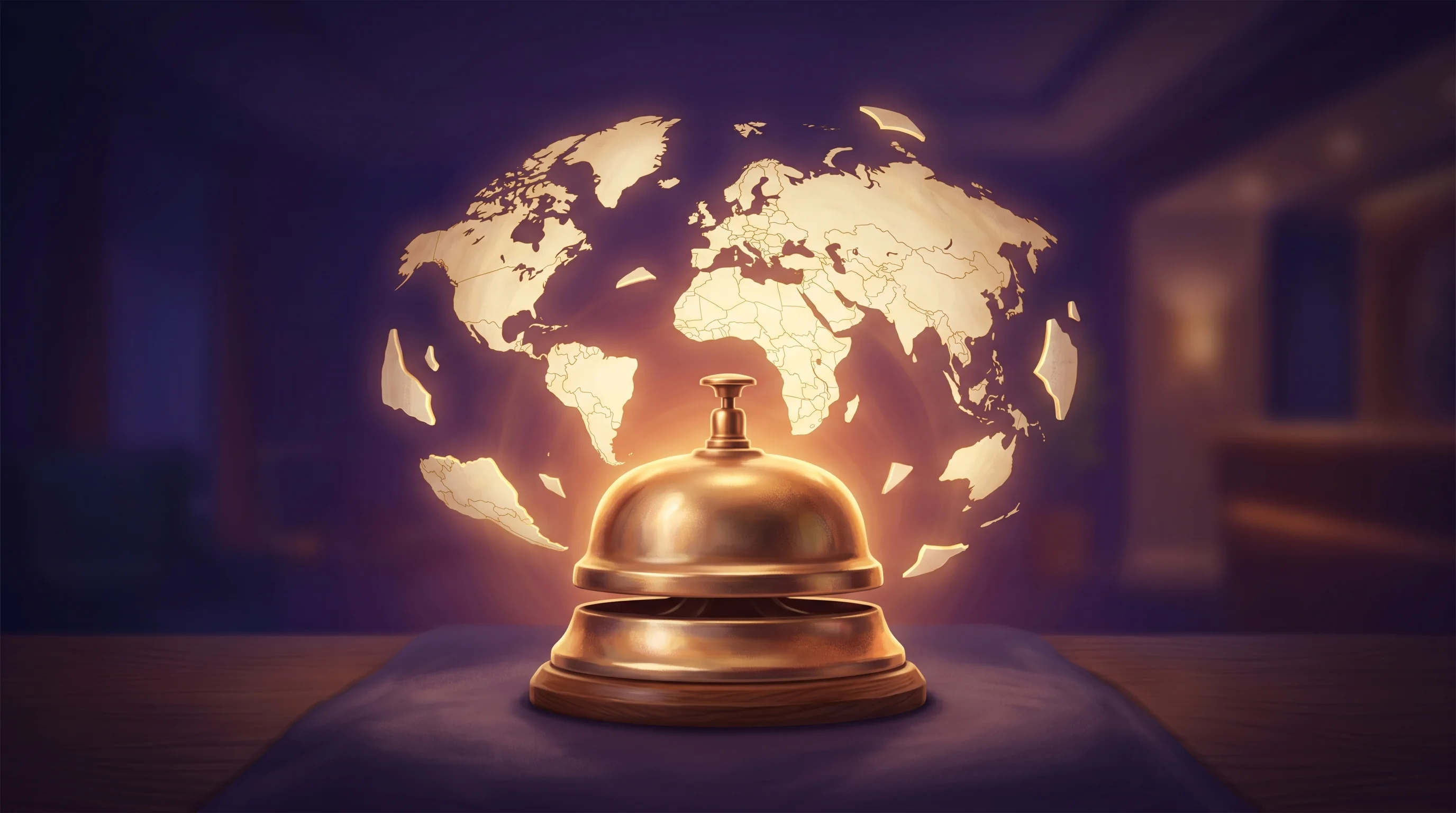 Digital illustration for article section "The Agentic System Promise" in "Italian Hotel AI Startup Smartness Raises $50M to Cut OTA Dependence" - A conceptual, minimalist illustration featuring a single, elegantly crafted hotel concierge bell as ...