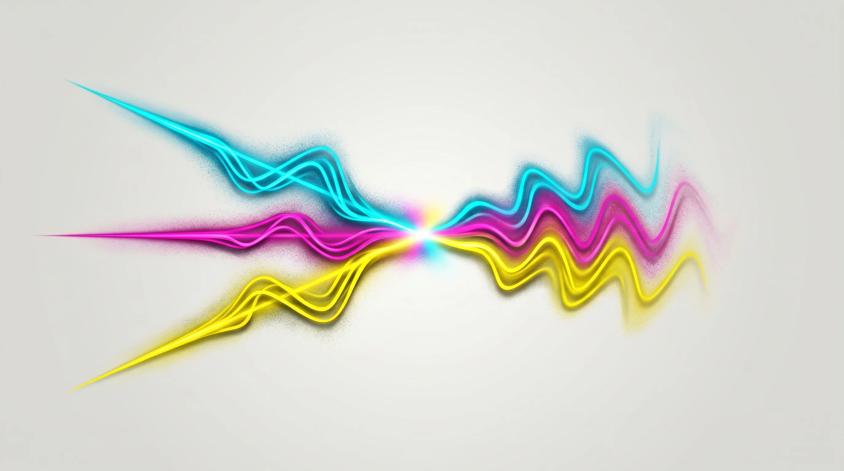 Digital illustration for article section "Why Now? Three Converging Forces" in "Quantum Leap: How MAGIC Tech Is Solving the Laser Problem" - A conceptual, minimalist illustration depicting three distinct, vibrant energy waves converging into...