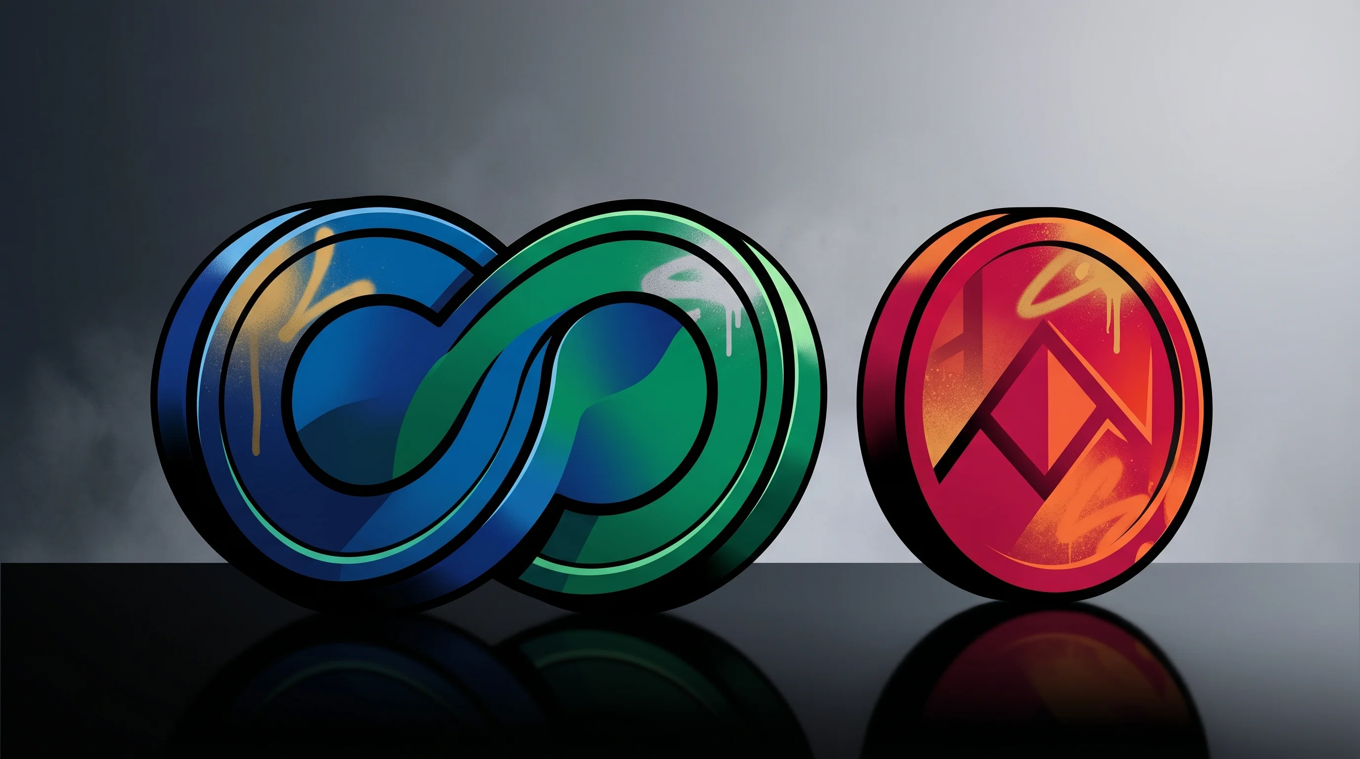 Digital illustration for article section "Three Companies, Three Bets" in "Quantum Leap: How MAGIC Tech Is Solving the Laser Problem" - A minimalist and conceptual composition featuring three large, bold, abstract geometric tokens resti...