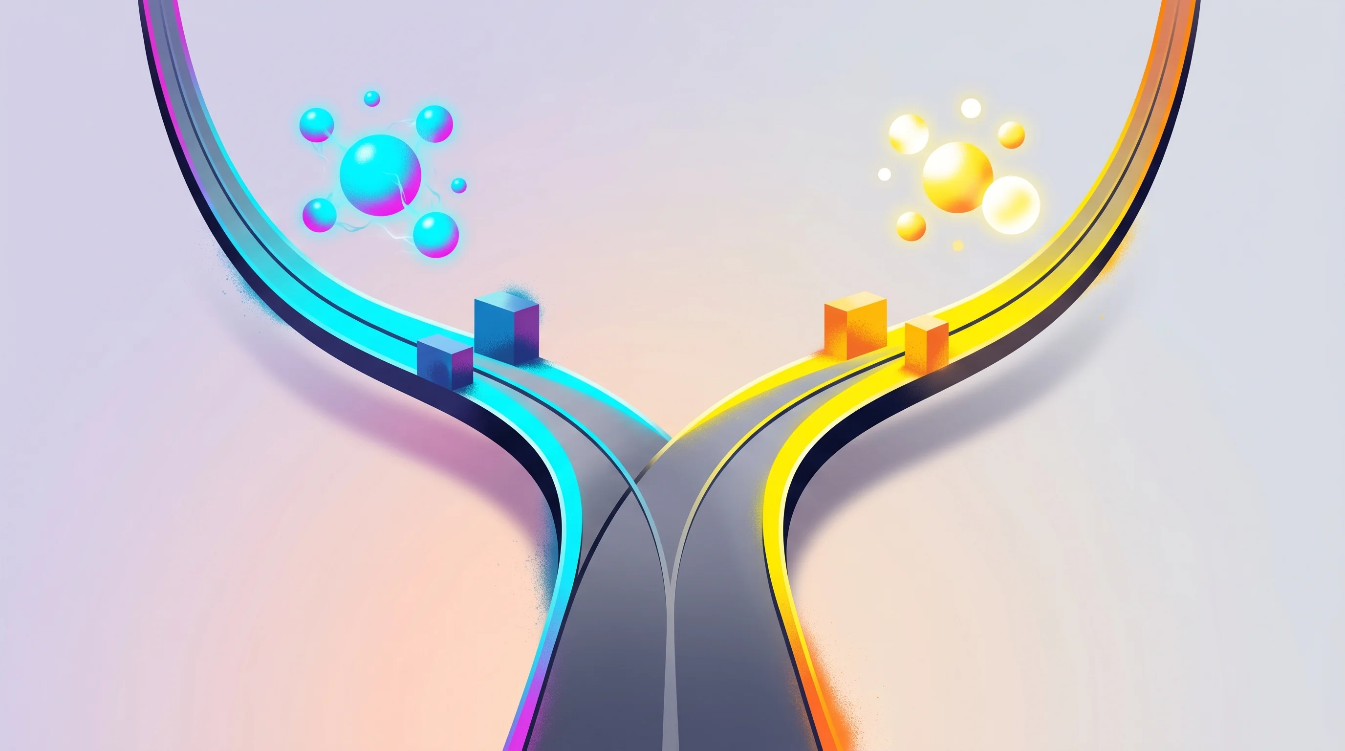 Digital illustration for article section "The Road Ahead—and the Roadblocks" in "Quantum Leap: How MAGIC Tech Is Solving the Laser Problem" - A conceptual, modern illustration of a single, sleek pathway splitting into distinct, upward-curving...
