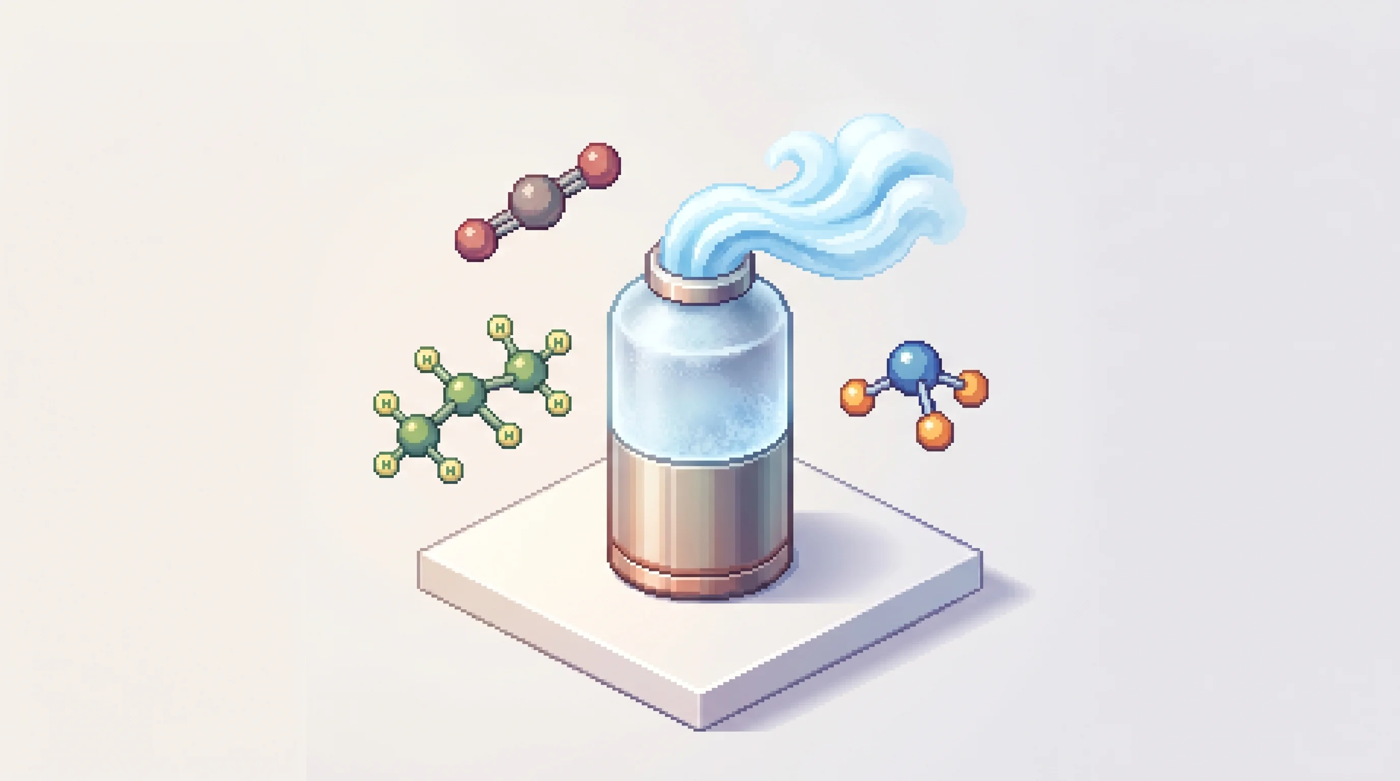 Digital illustration for article section "The Natural Refrigerant Counterpunch" in "Solid-State Cooling Startups Race to Replace Refrigerants" - A minimalist, conceptual isometric illustration of a sleek, frosted cylindrical cooling vessel emitt...