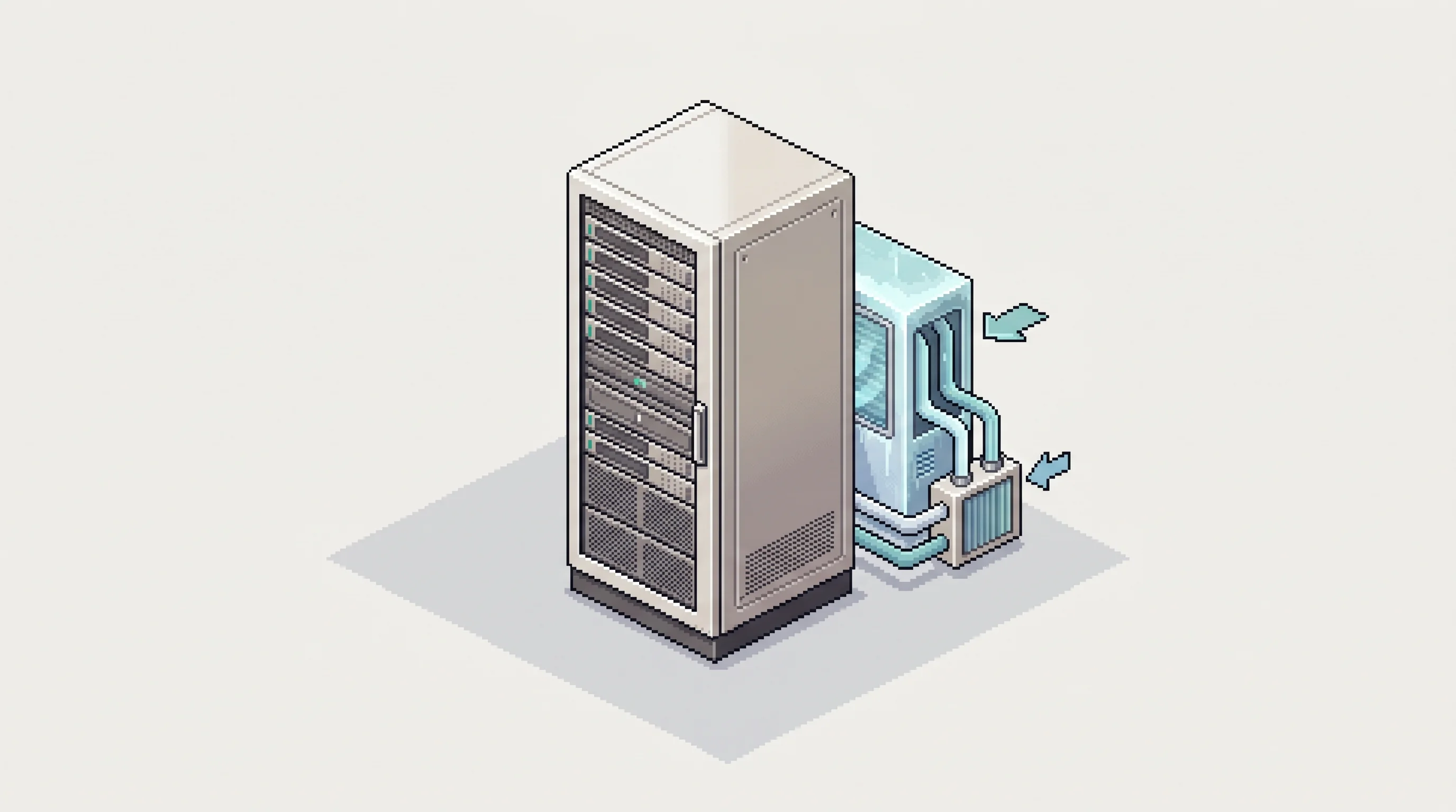 Digital illustration for article section "Data Centers: The Beachhead?" in "Solid-State Cooling Startups Race to Replace Refrigerants" - A clean, minimalist isometric visualization of a modern data center cooling system, featuring a sing...