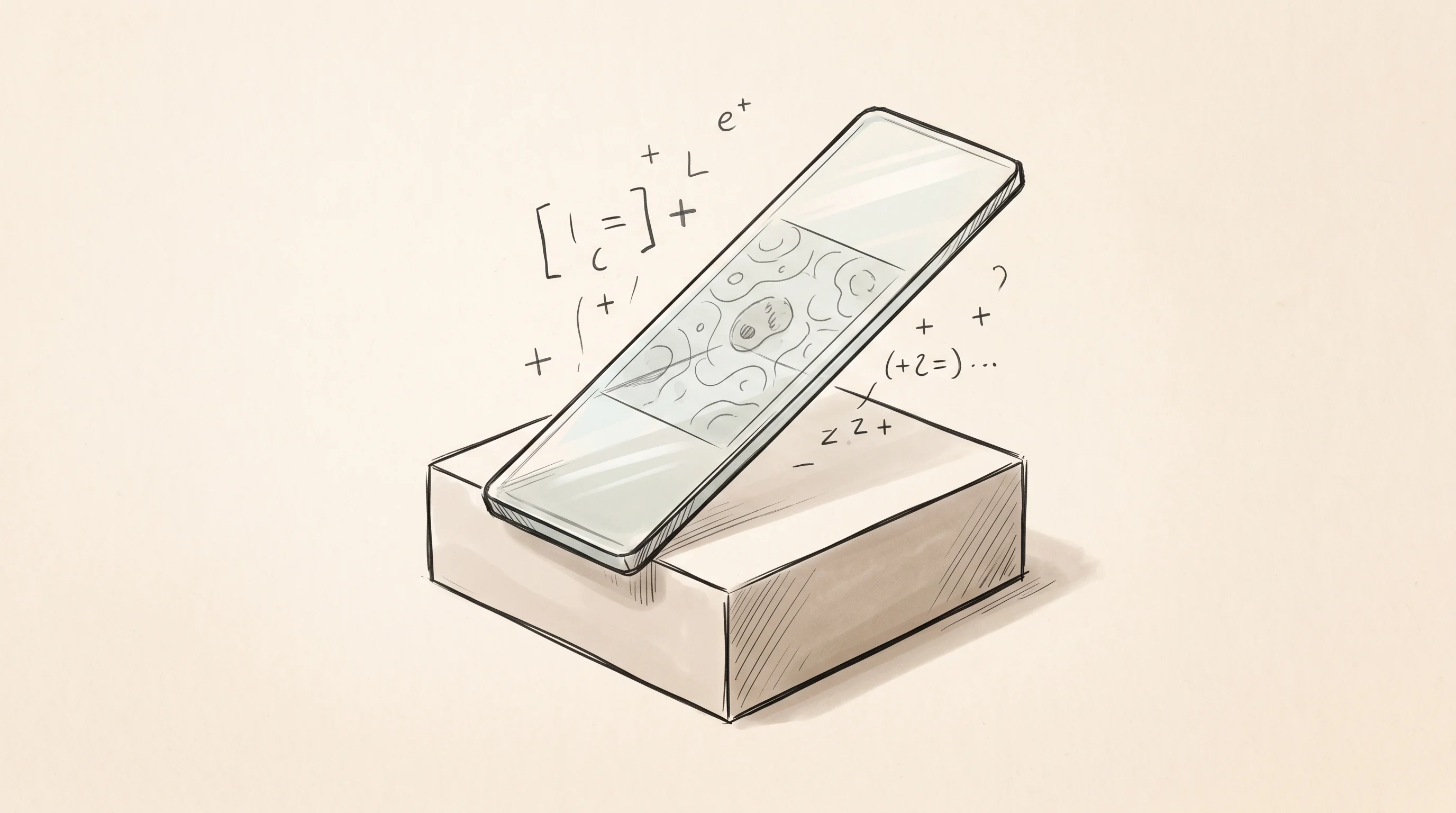 Digital illustration for article section "Foundation Models Change the Math" in "How AI Is Slashing Biotech Image Analysis Time by 98%" - A clean, minimal conceptual illustration centered on a large, clear microscope slide resting solidly...