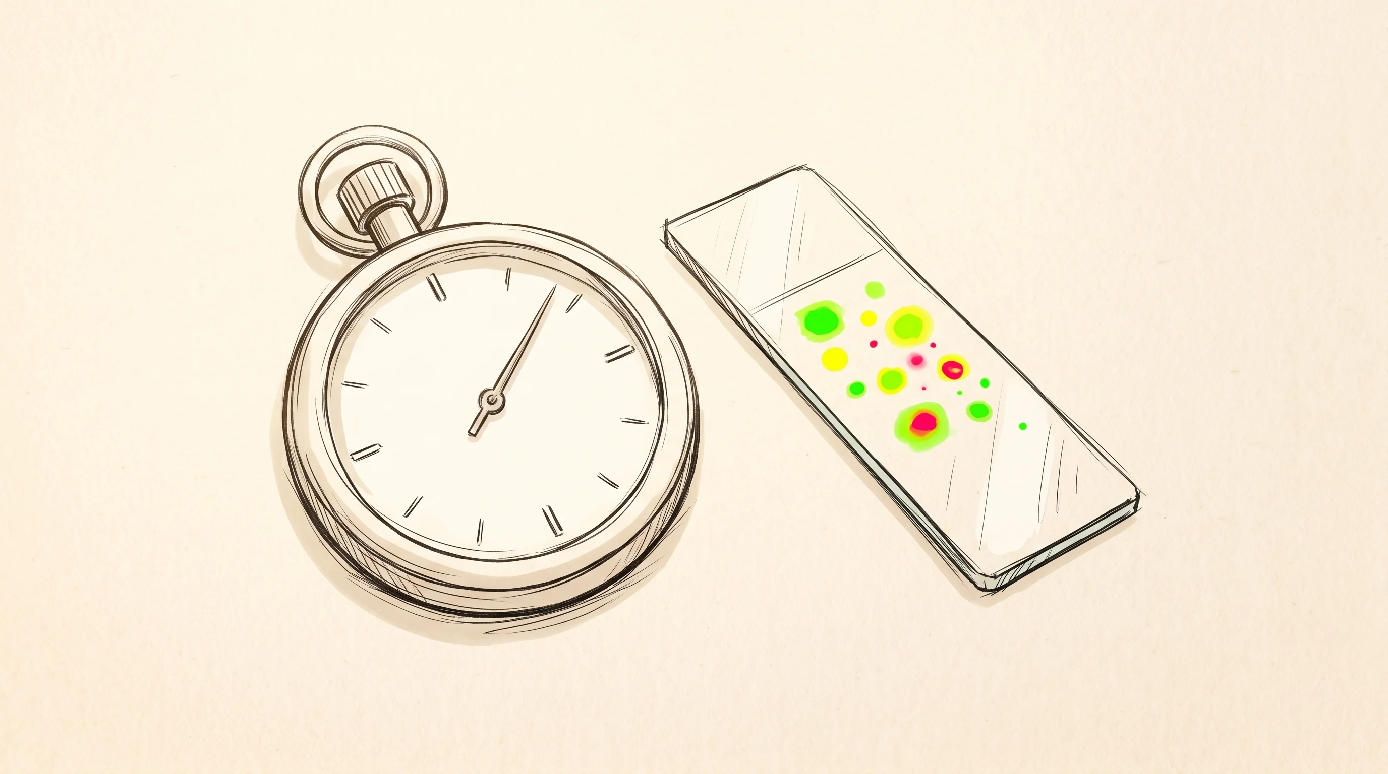 Digital illustration for article section "What This Means for R&D Timelines" in "How AI Is Slashing Biotech Image Analysis Time by 98%" - A minimalist, conceptual illustration of a sleek stopwatch resting gently next to a clear glass path...
