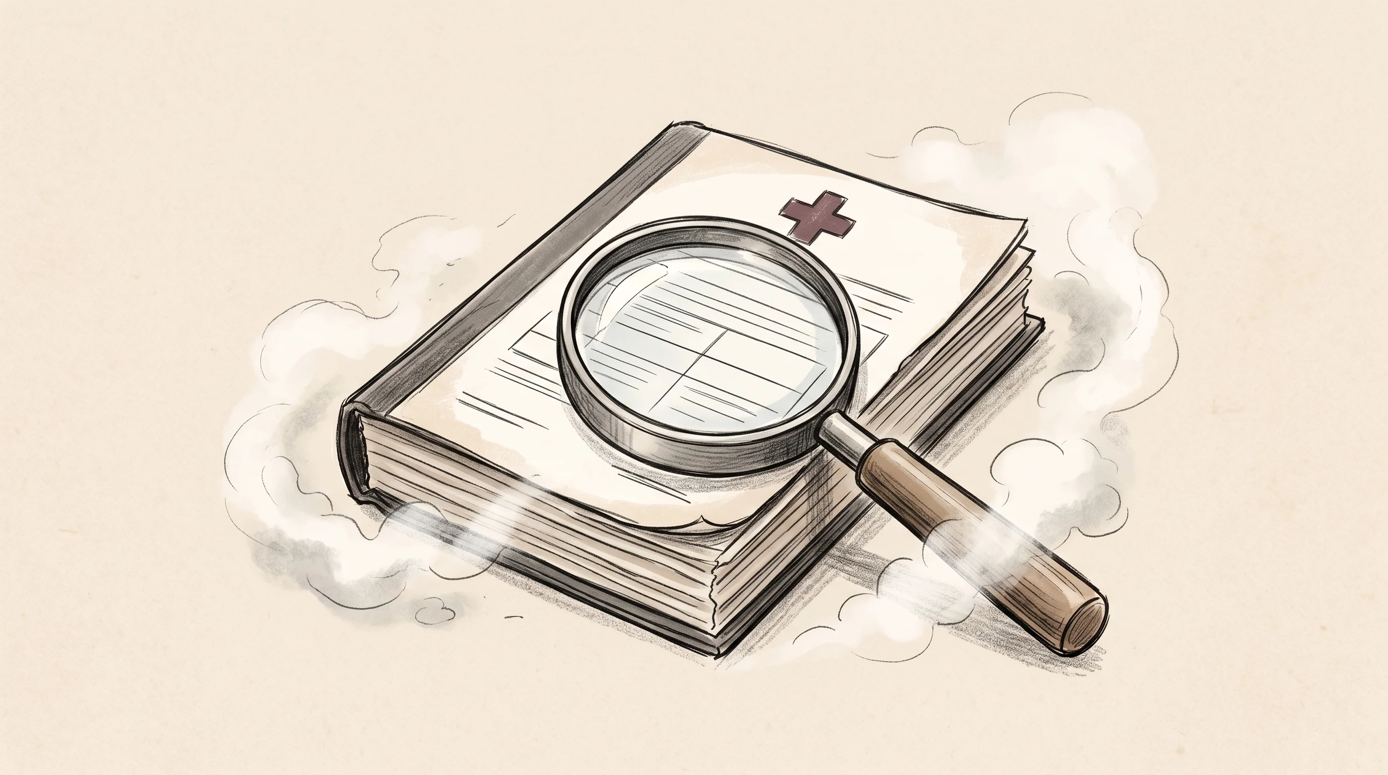 Digital illustration for article section "Regulatory Fog, Clearing Slowly" in "How AI Is Slashing Biotech Image Analysis Time by 98%" - A minimalist, conceptual illustration of a large magnifying glass resting over a stack of official r...